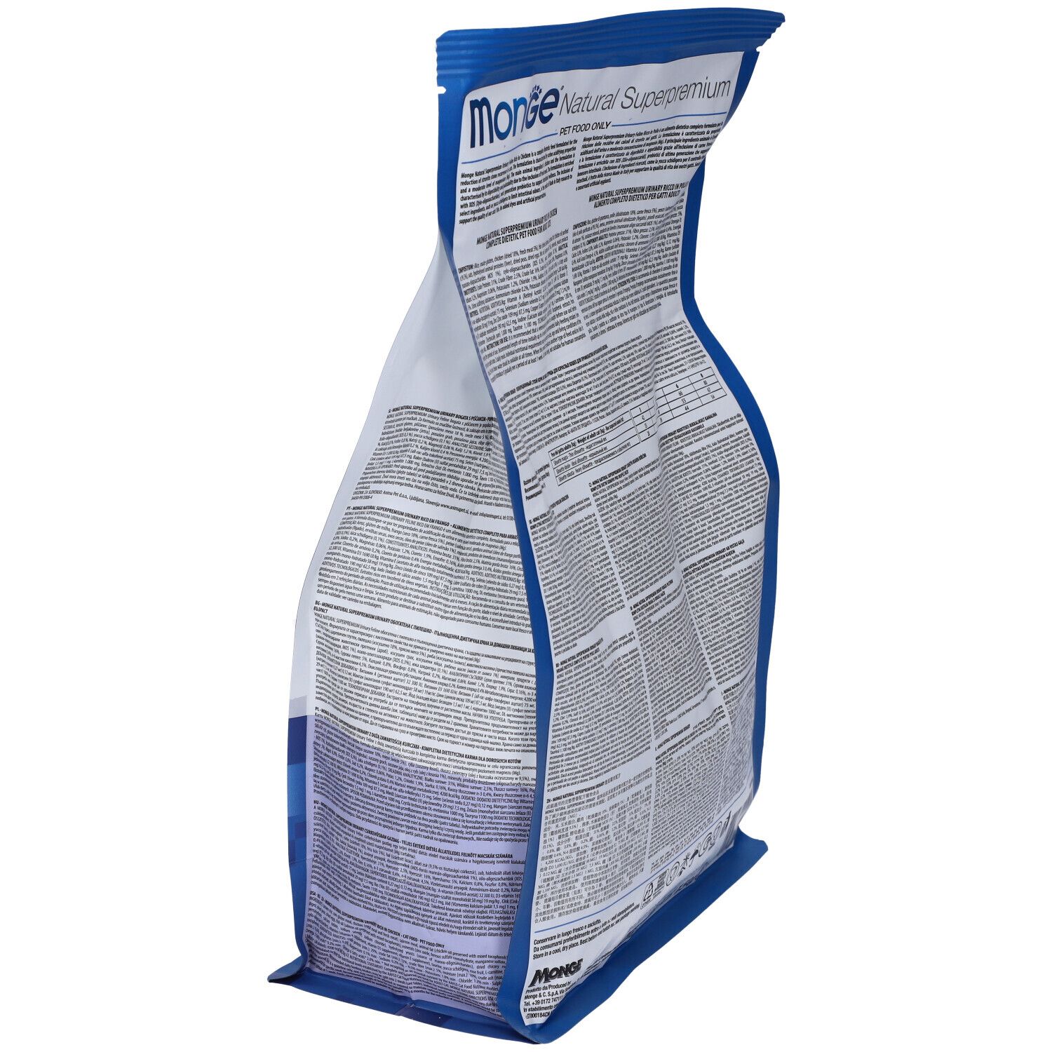 Retro del sacchetto di cibo per gatti Monge Natural Superpremium. Testo multilingue. Contiene 1,5 kg. Prodotto in Italia.