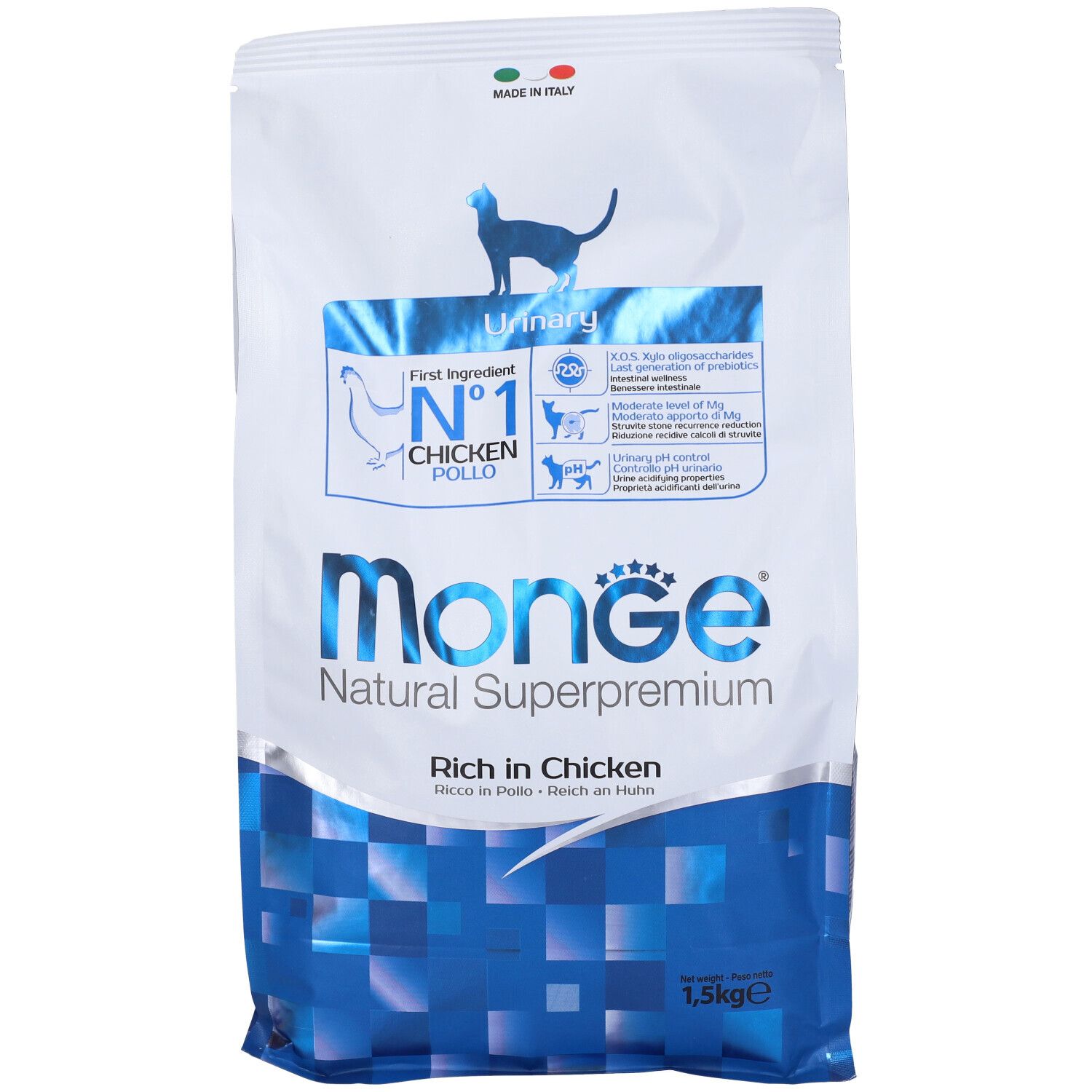 Sacchetto di cibo per gatti Monge Natural Superpremium. Scritto: Urinary, Chicken. Contiene 1,5 kg. Prodotto in Italia.