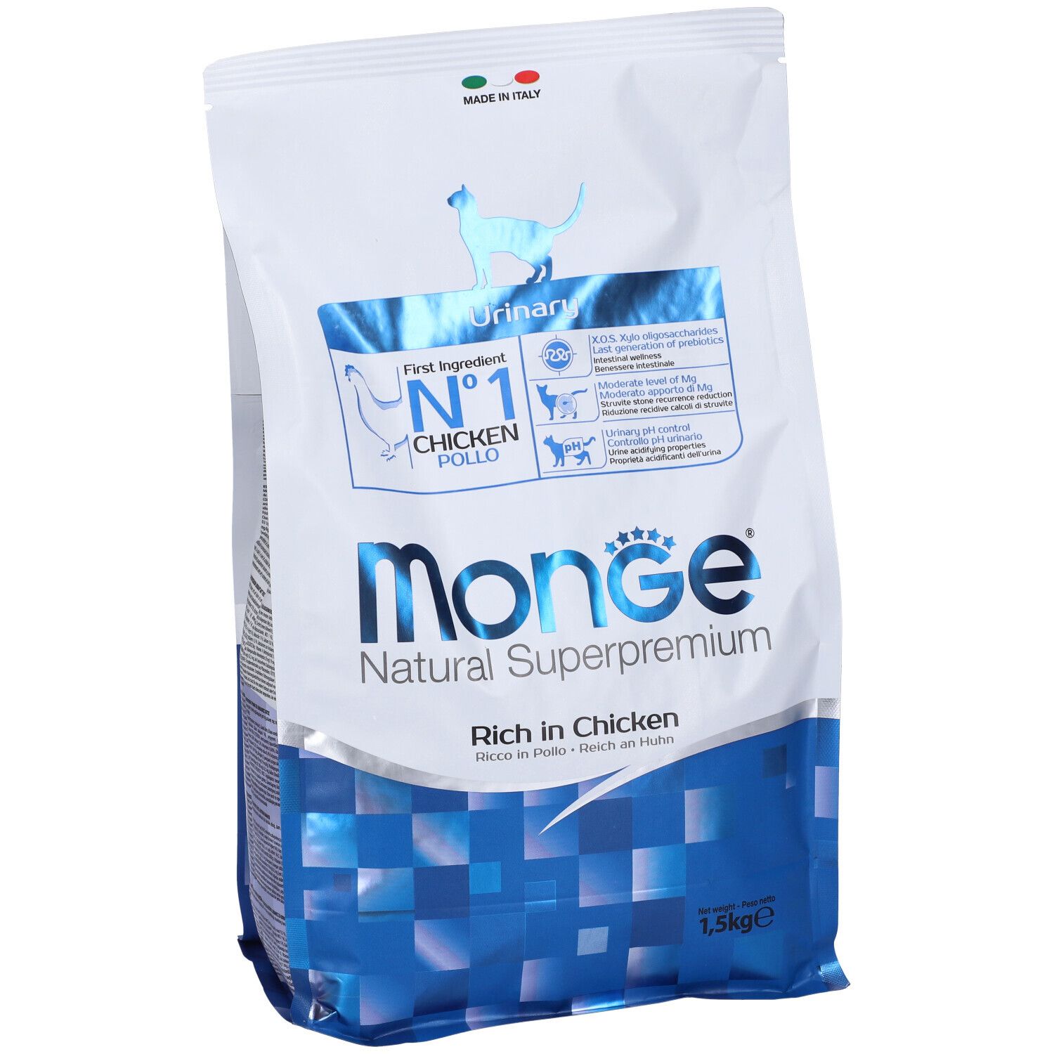 Sacchetto di cibo per gatti Monge Natural Superpremium. Scritto: Urinary, Chicken. Contiene 1,5 kg. Prodotto in Italia.