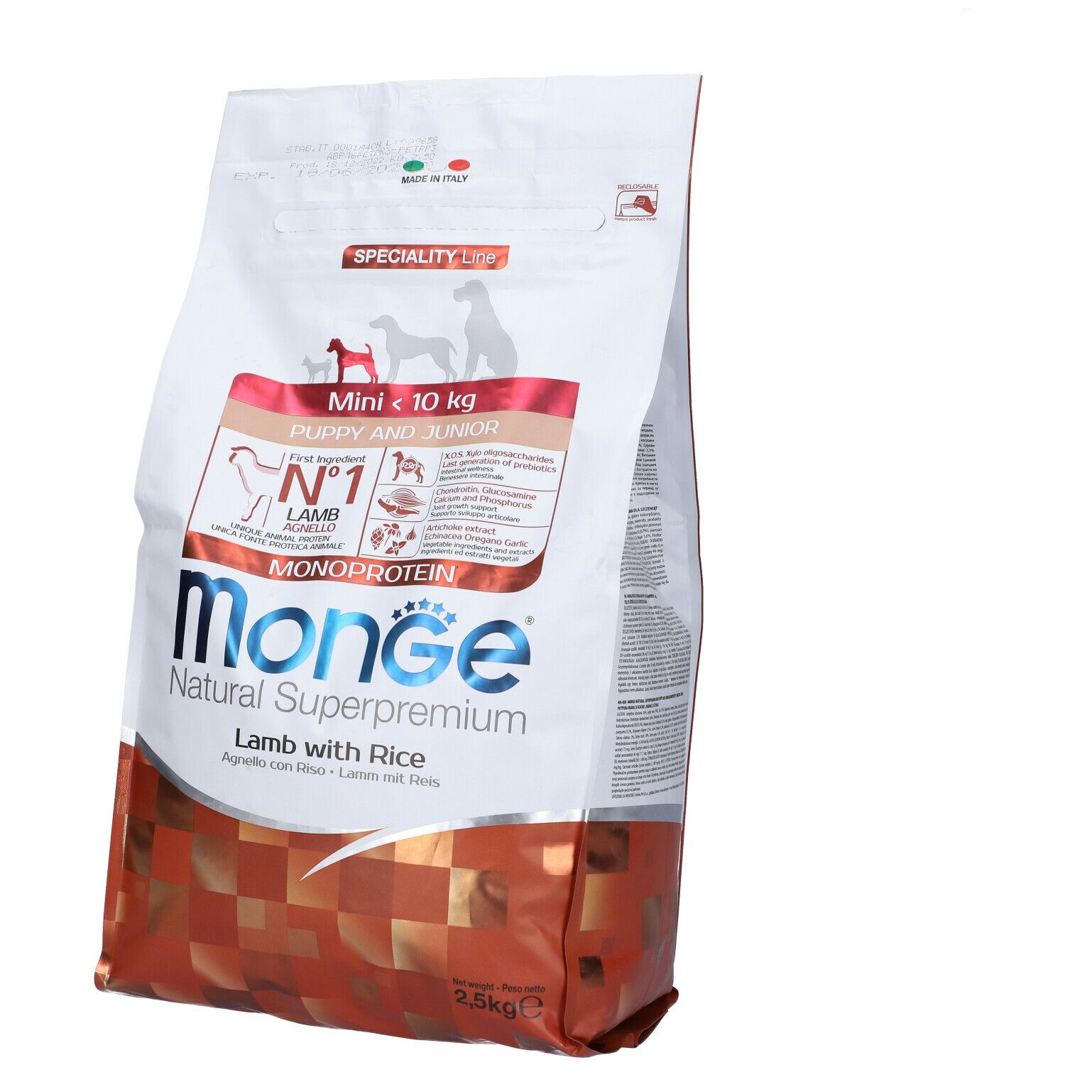 Confezione Monge Natural Superpremium, agnello con riso, per cuccioli e junior. Contiene loghi e informazioni.