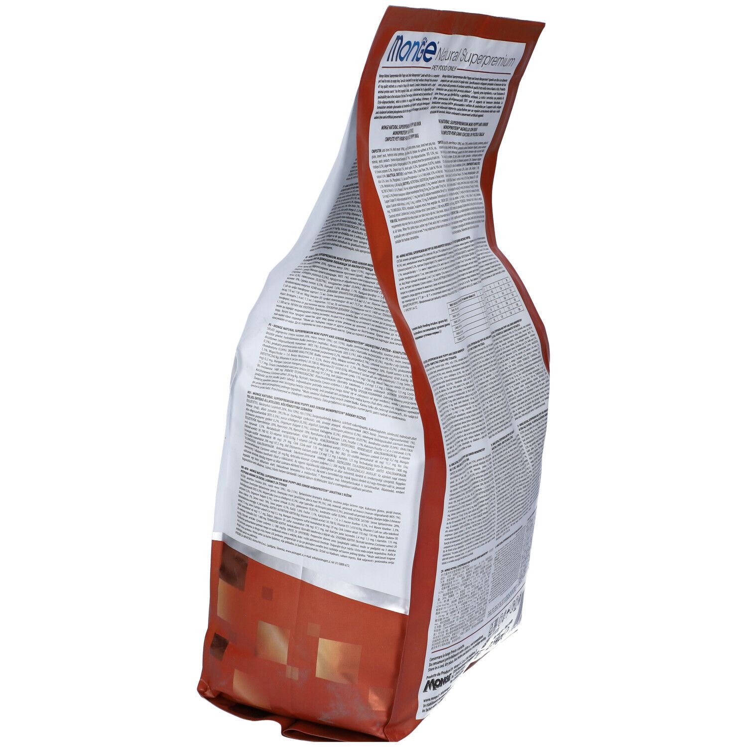 Confezione inclinata Monge Natural Superpremium, agnello con riso. Retro con testo e informazioni.