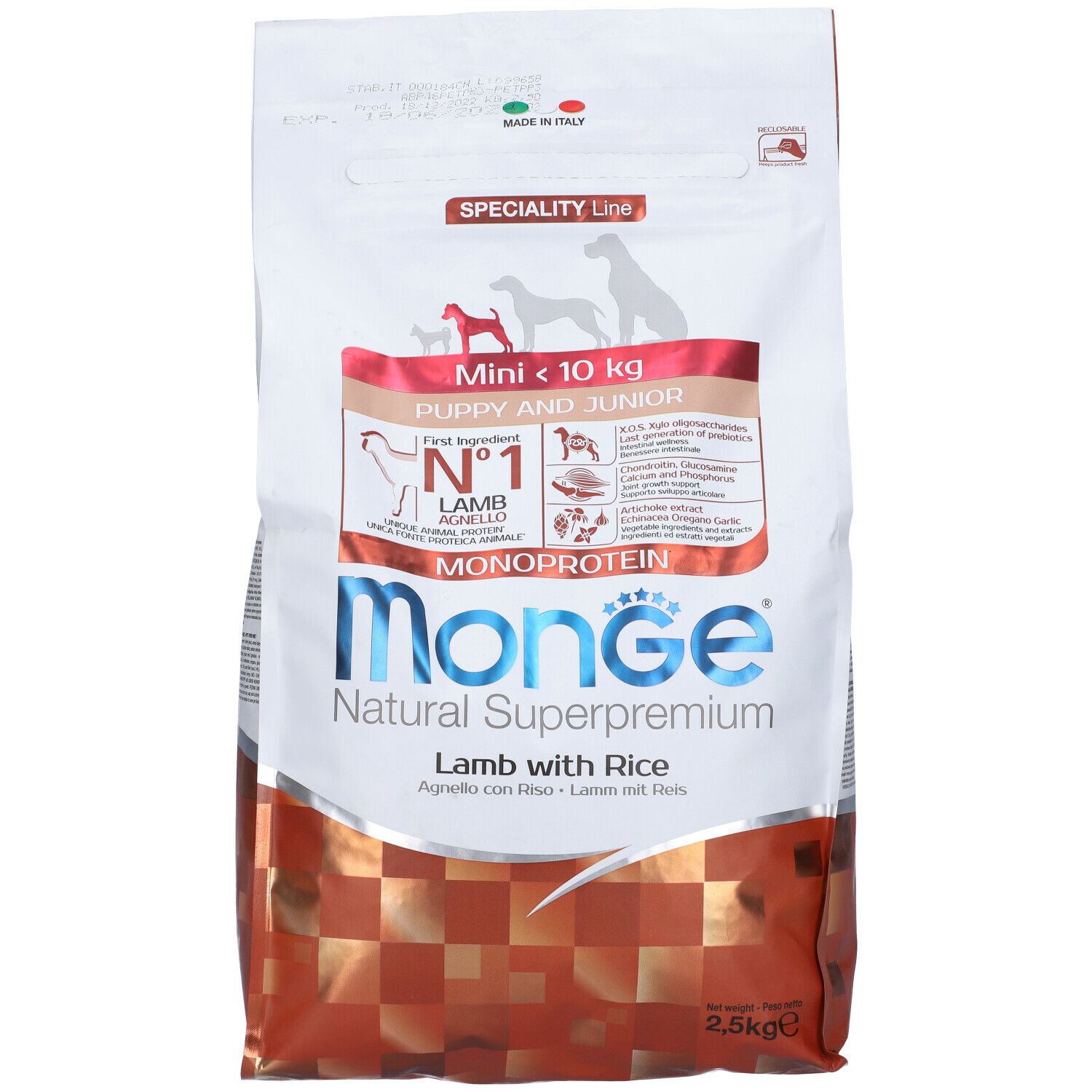 Confezione Monge Natural Superpremium, agnello con riso, per cuccioli e junior. Contiene loghi e informazioni.