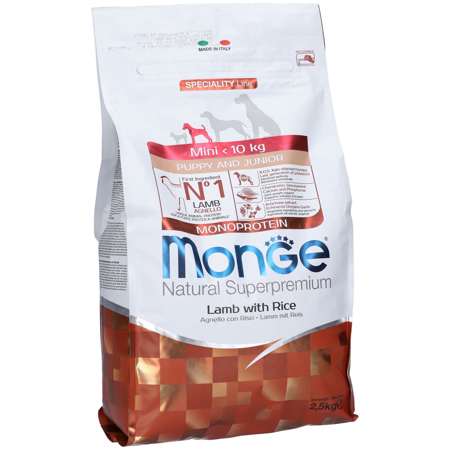 Confezione Monge Natural Superpremium, agnello con riso, per cuccioli e junior. Contiene loghi e informazioni.