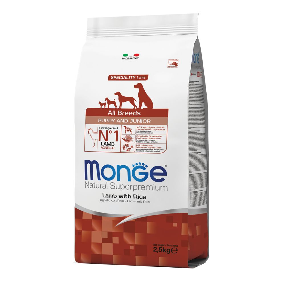 Sacchetto Monge Puppy Agnello & Riso. Scritta: All Breeds, Puppy and Junior, Agnello con riso. 2,5 kg.