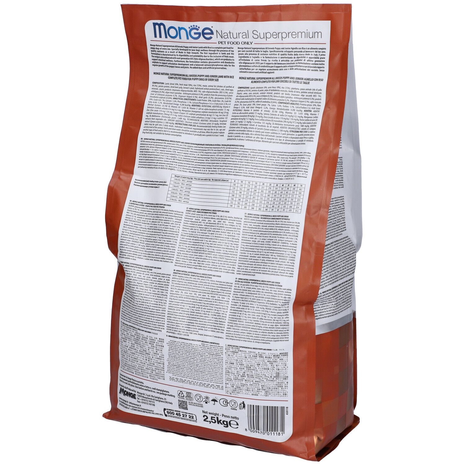 Retro del sacchetto Monge Puppy Agnello & Riso. Informazioni testuali e valori nutrizionali.