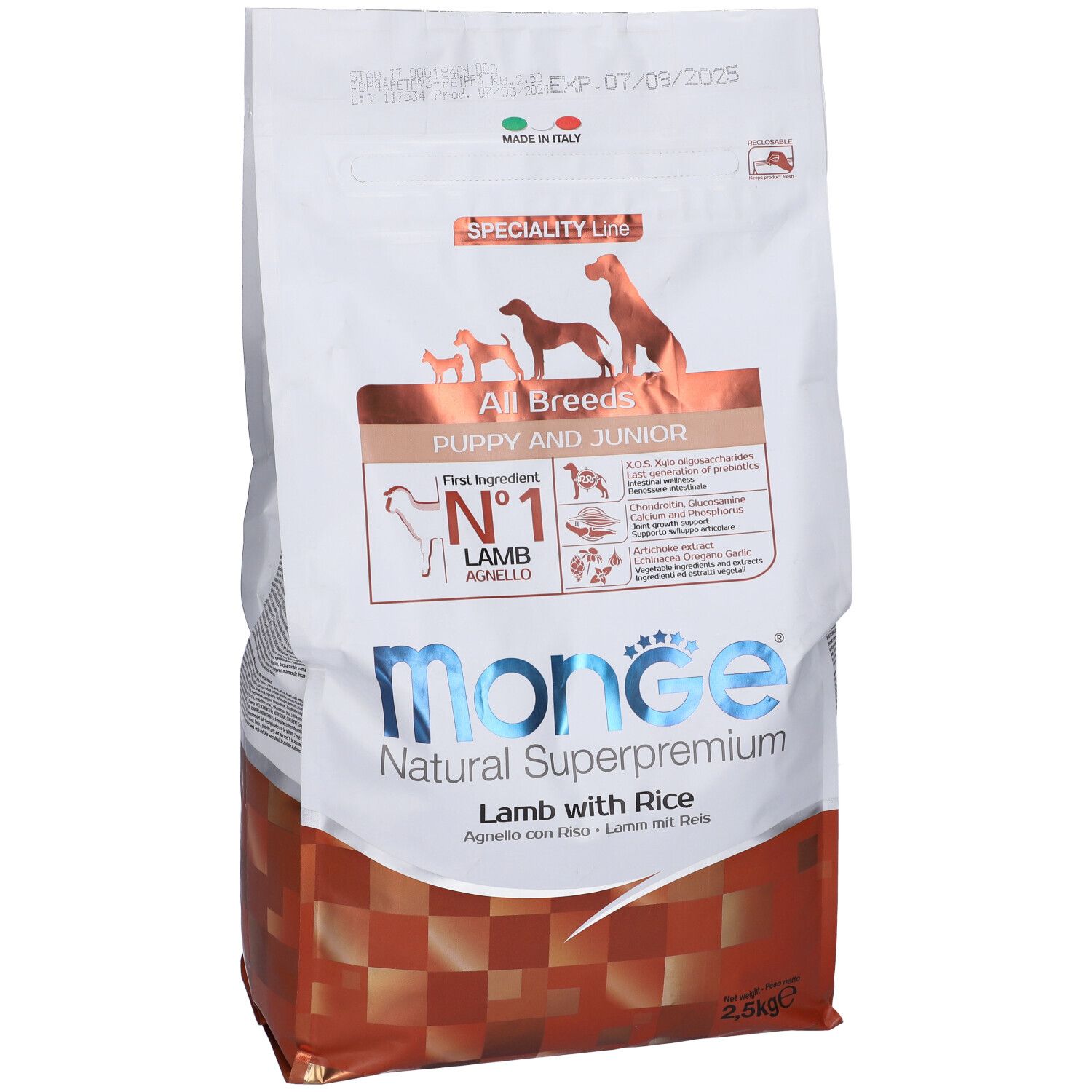 Sacchetto Monge Puppy Agnello & Riso. Scritta: All Breeds, Puppy and Junior, Agnello con riso. 2,5 kg.