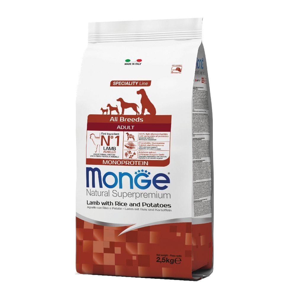 Monge Natural Superpremium, cibo per cani. Sacchetto con agnello, riso e patate. Per cani adulti di tutte le razze. 2,5 kg.