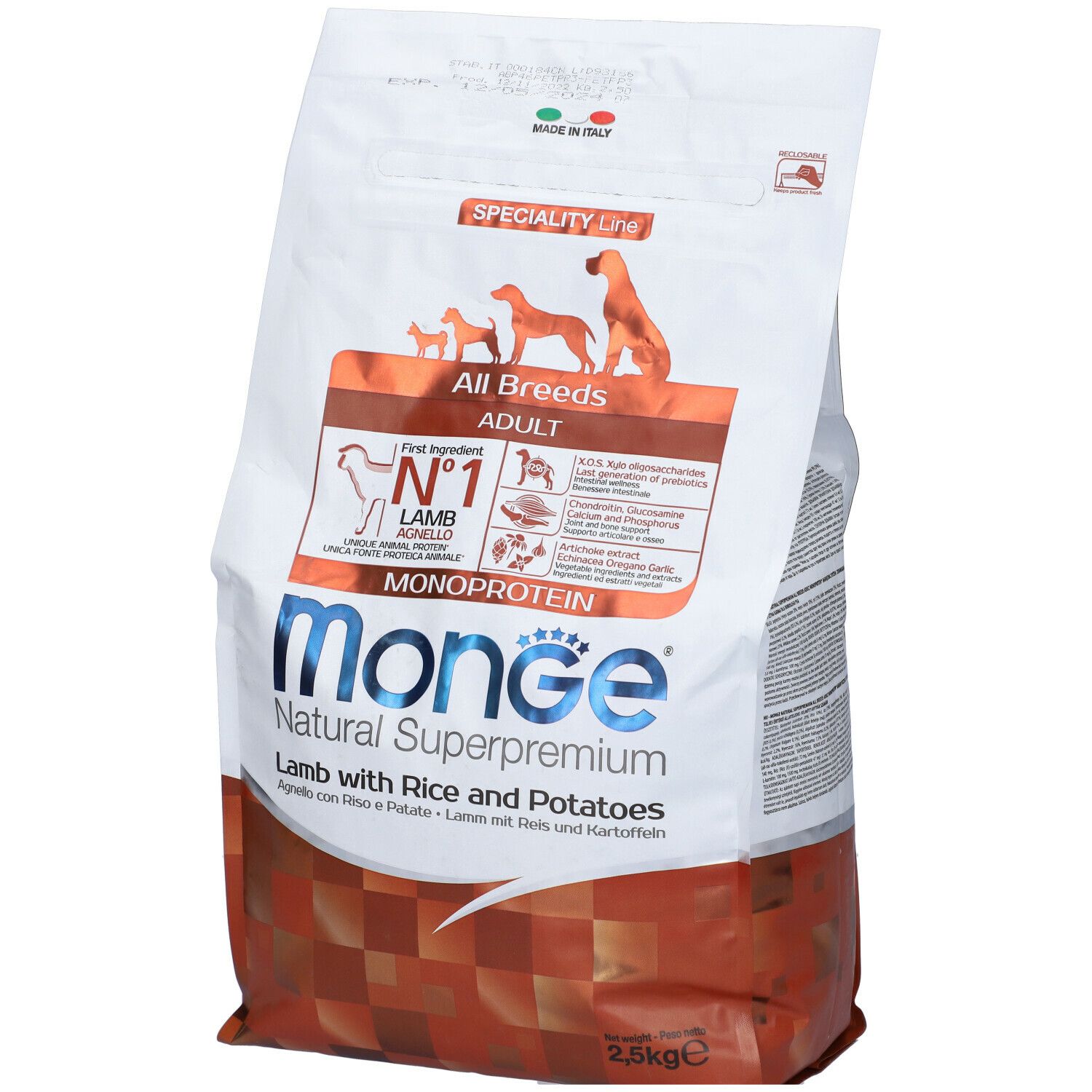 Monge Natural Superpremium, cibo per cani. Sacchetto con agnello, riso e patate. Per cani adulti di tutte le razze. 2,5 kg.