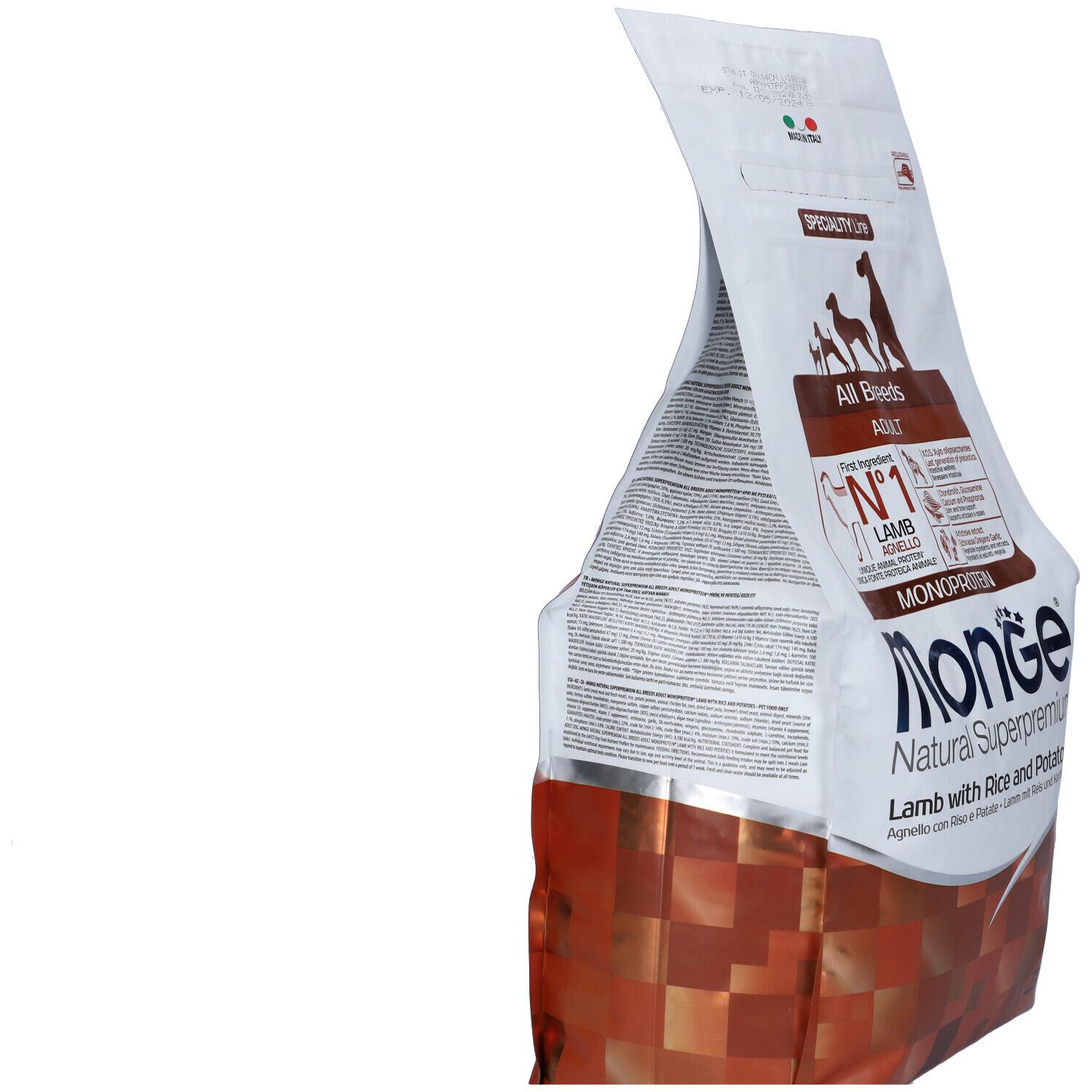 Monge Natural Superpremium, cibo per cani. Sacchetto con agnello, riso e patate. Per cani adulti di tutte le razze. 2,5 kg.