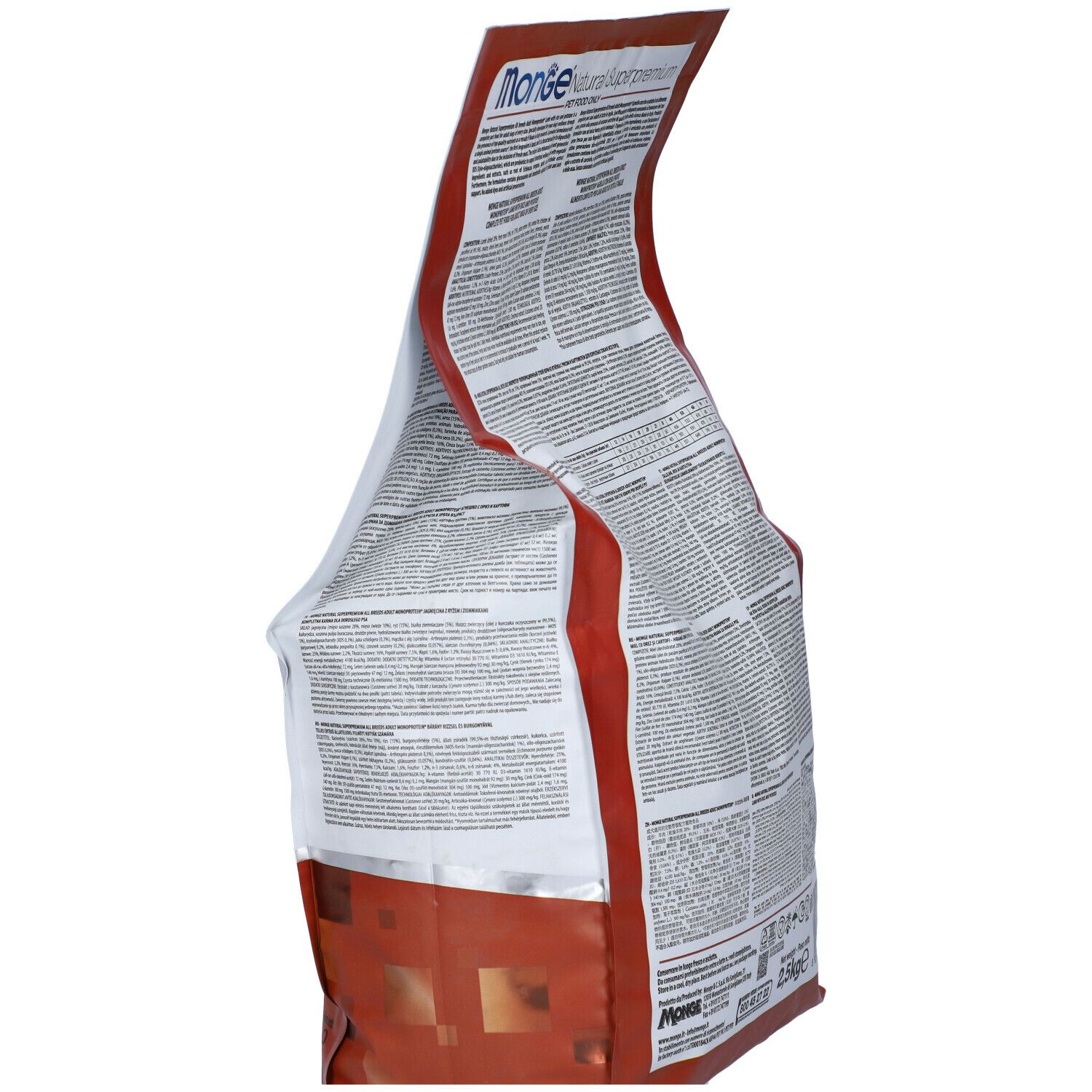 Retro del sacchetto di cibo per cani Monge Natural Superpremium. Testo con informazioni sul prodotto. 2,5 kg.