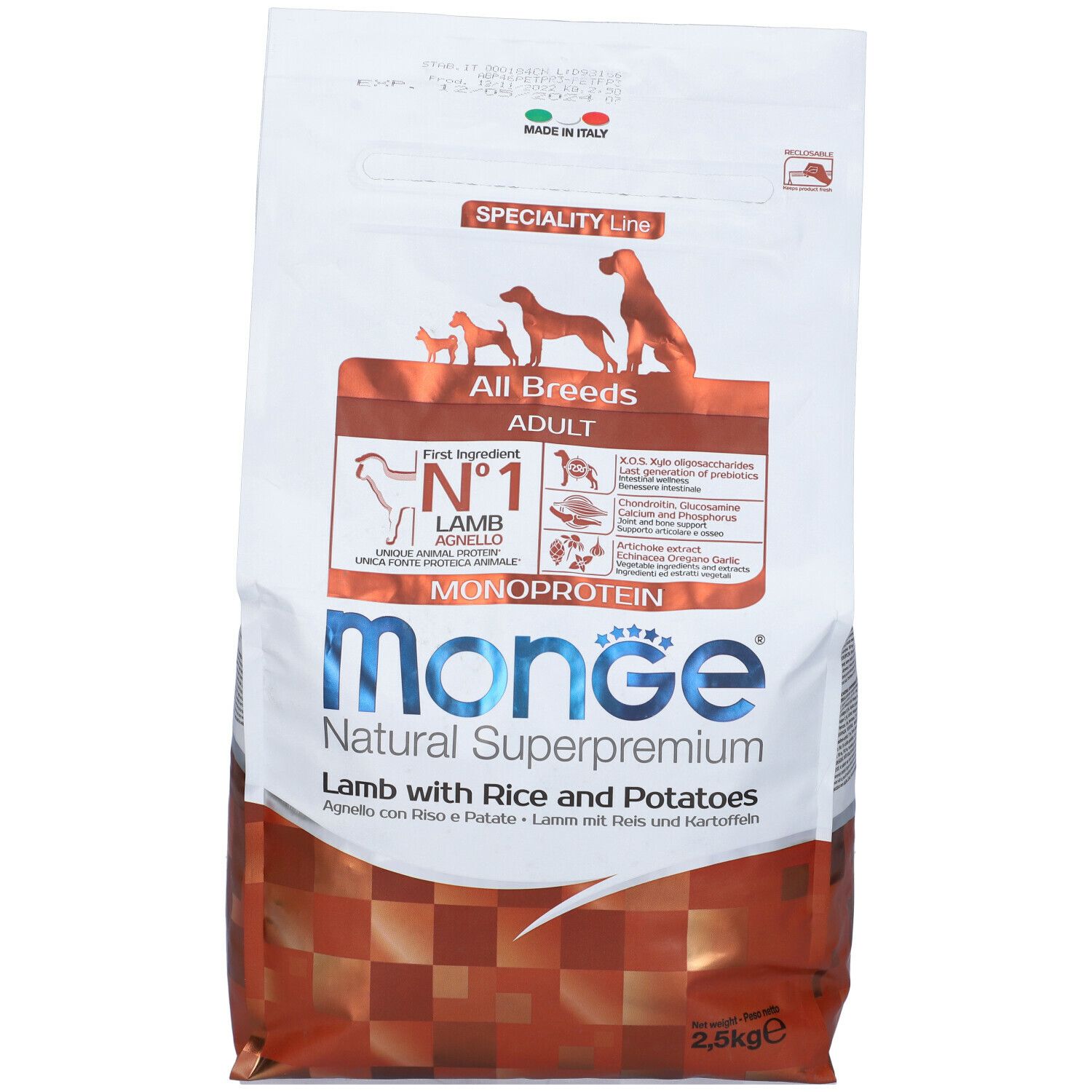 Monge Natural Superpremium, cibo per cani. Sacchetto con agnello, riso e patate. Per cani adulti di tutte le razze. 2,5 kg.