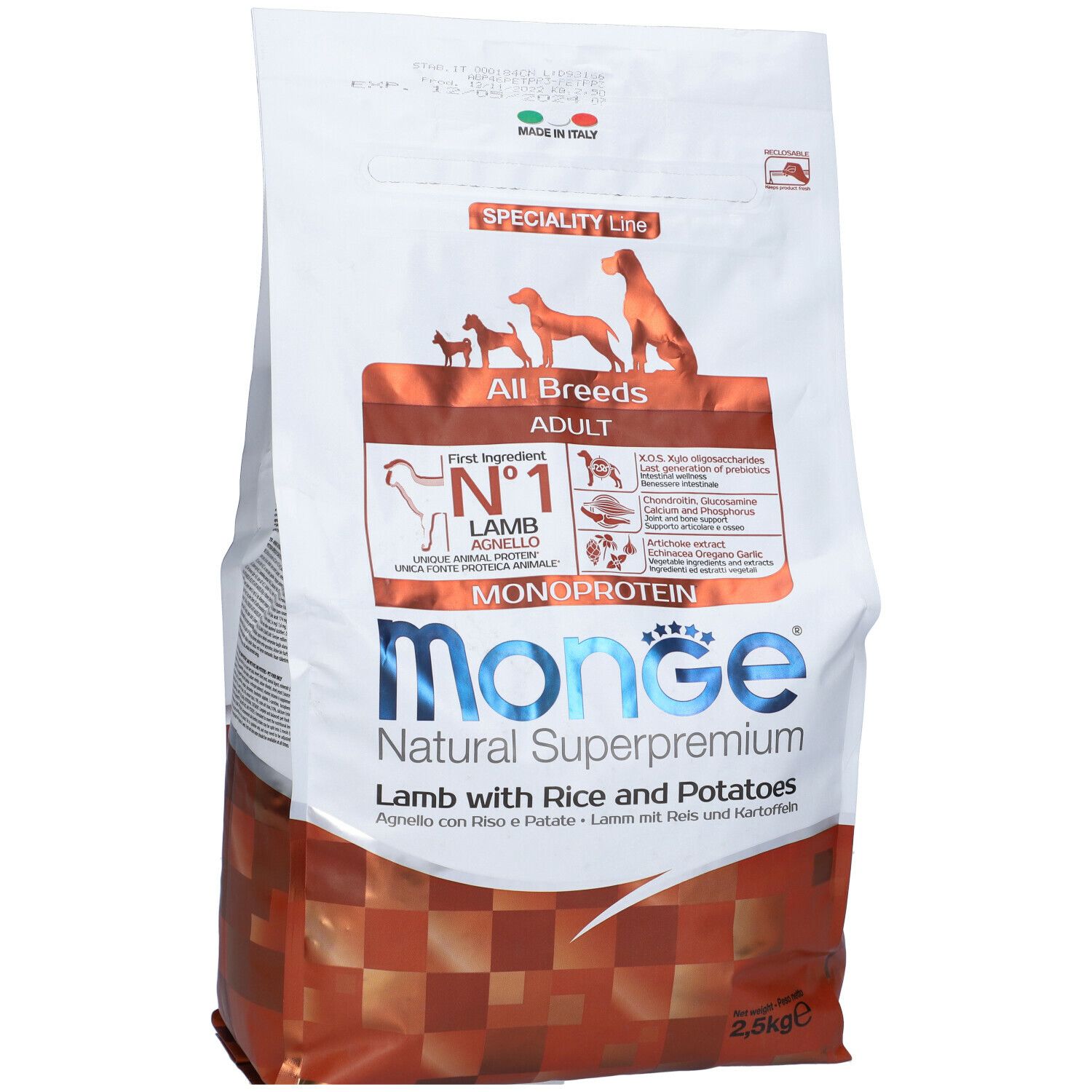 Monge Natural Superpremium, cibo per cani. Sacchetto con agnello, riso e patate. Per cani adulti di tutte le razze. 2,5 kg.