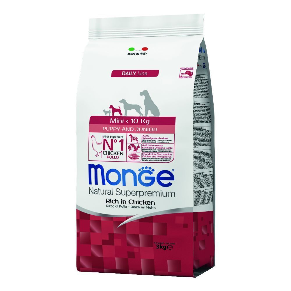 Sacchetto di cibo per cani Monge Natural Superpremium. Mini <10 kg, Puppy & Junior. Ingrediente principale pollo. Confezione rossa e bianca.