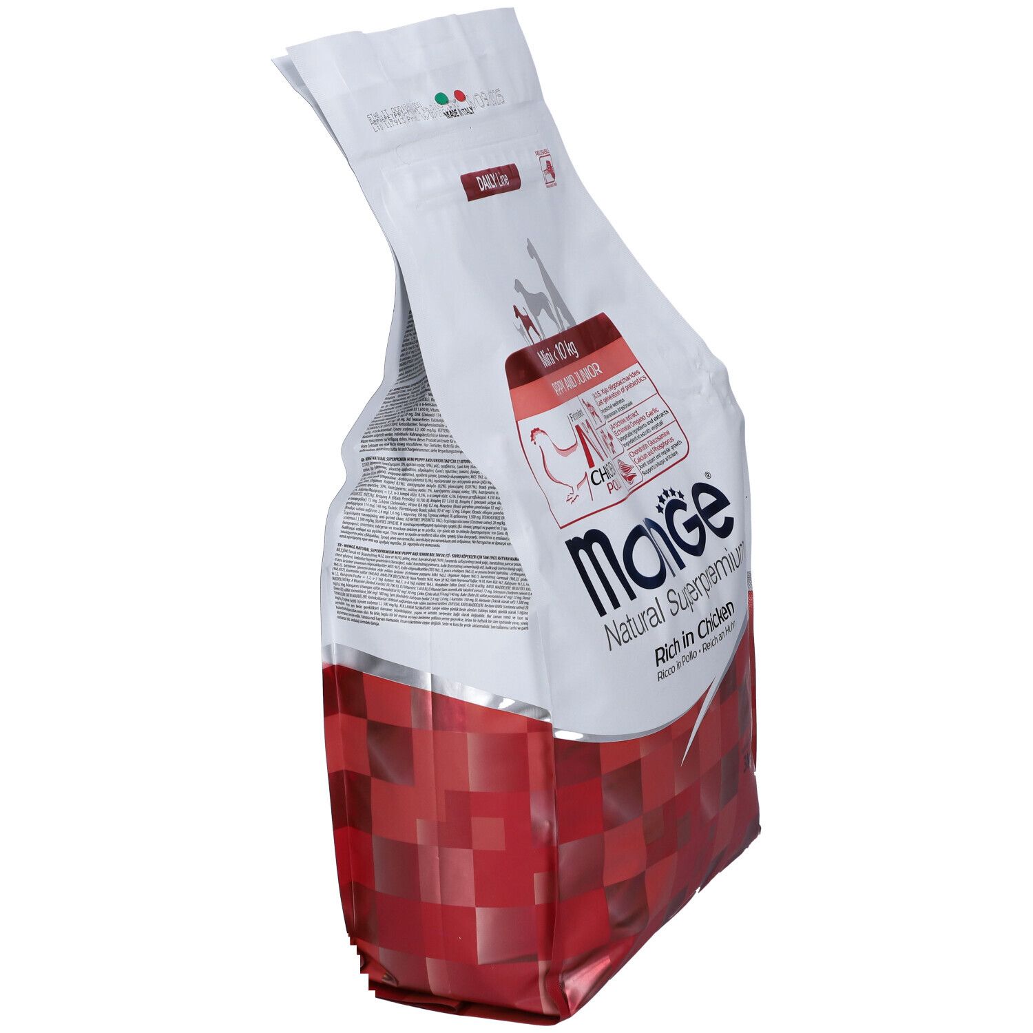 Sacchetto di cibo per cani Monge Natural Superpremium. Mini <10 kg, Puppy & Junior. Ingrediente principale pollo. Confezione rossa e bianca.