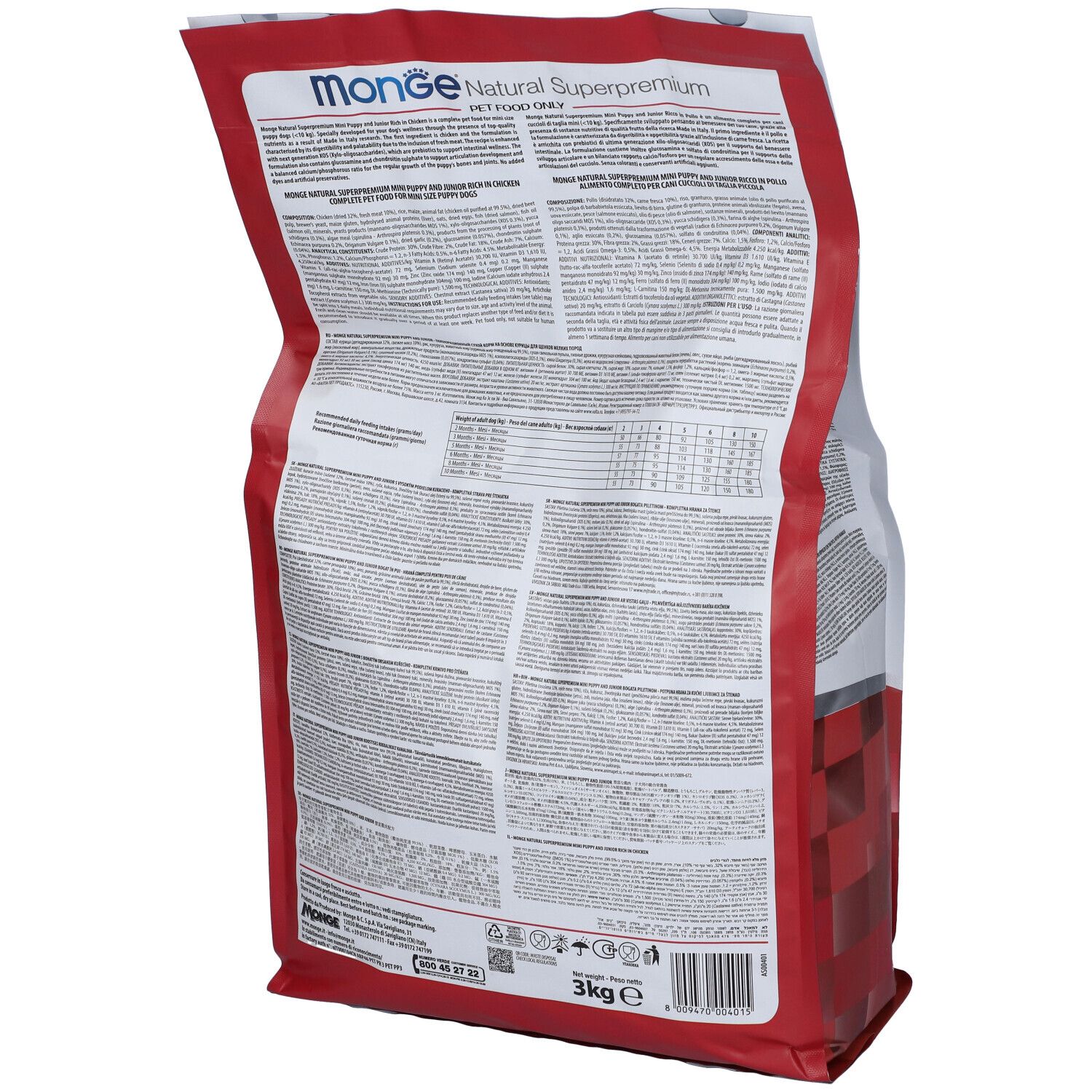 Retro del sacchetto di cibo per cani Monge Natural Superpremium. Informazioni testuali e nutrizionali. Confezione rossa e bianca.