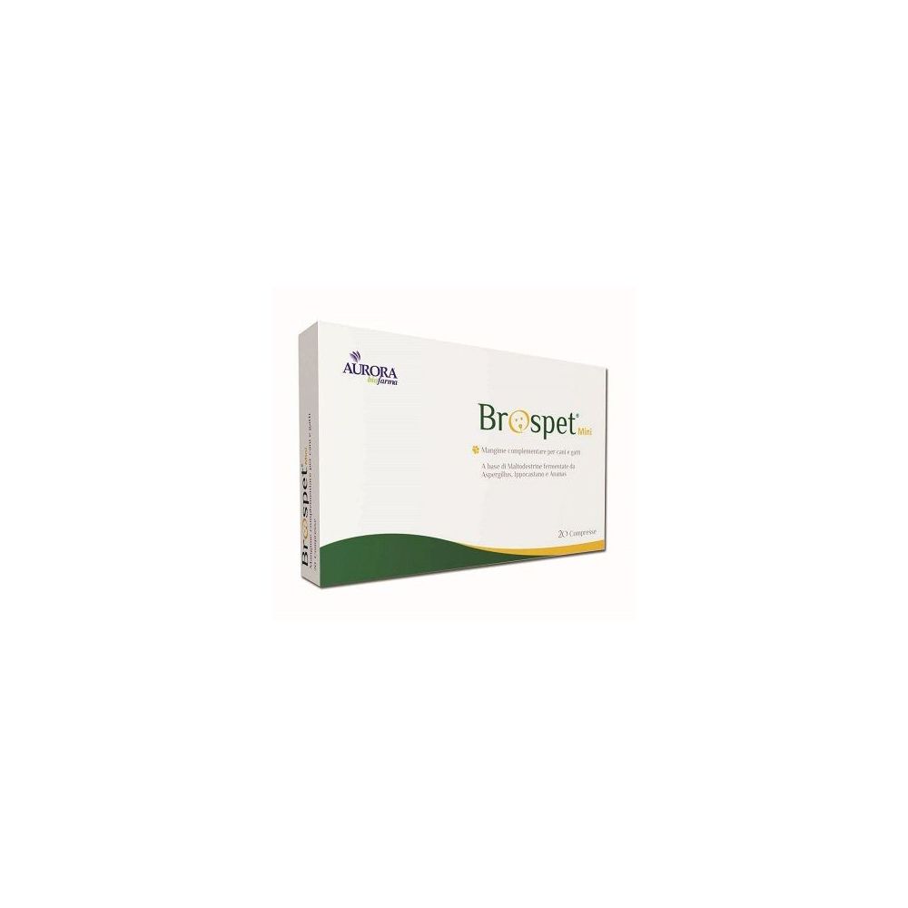 Scatola Brospet Mini. Bianca, arco verde. Logo Aurora. Testo: Brospet Mini, 20 compresse.