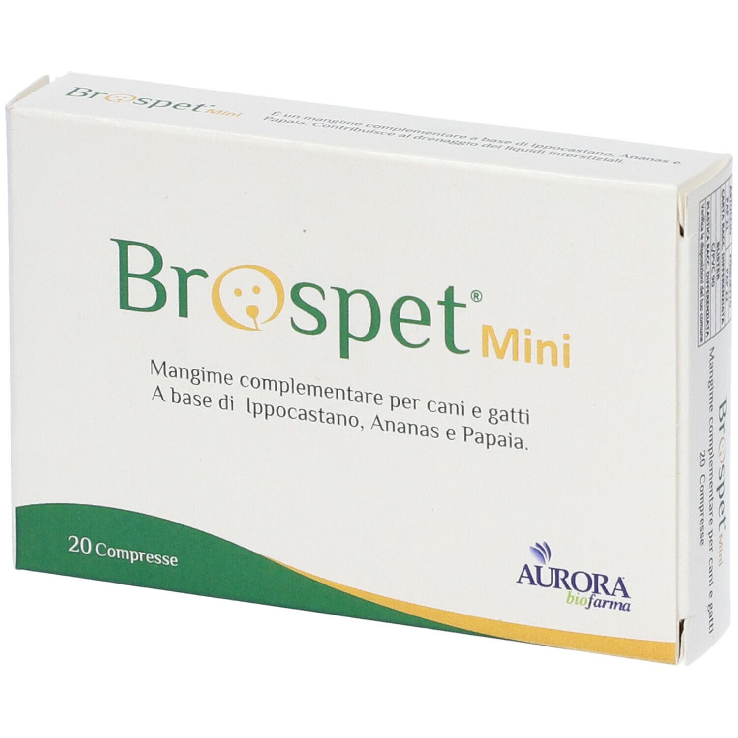 Scatola Brospet Mini. Bianca con testo verde. Testo: Mangime, per cani e gatti. 20 compresse. Logo Aurora.