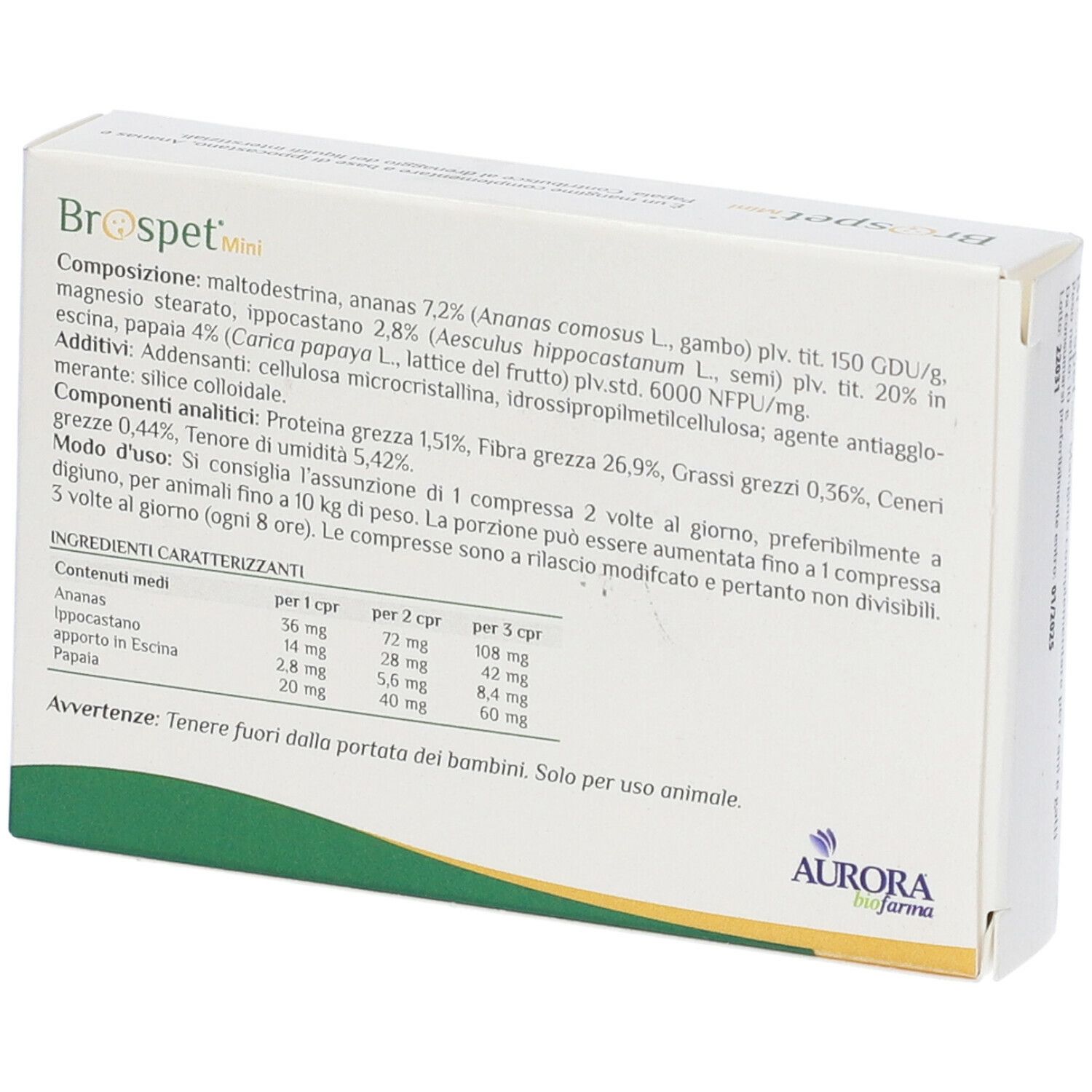 Retro della scatola Brospet Mini. Ingredienti, informazioni nutrizionali, istruzioni per l'uso. Logo Aurora.