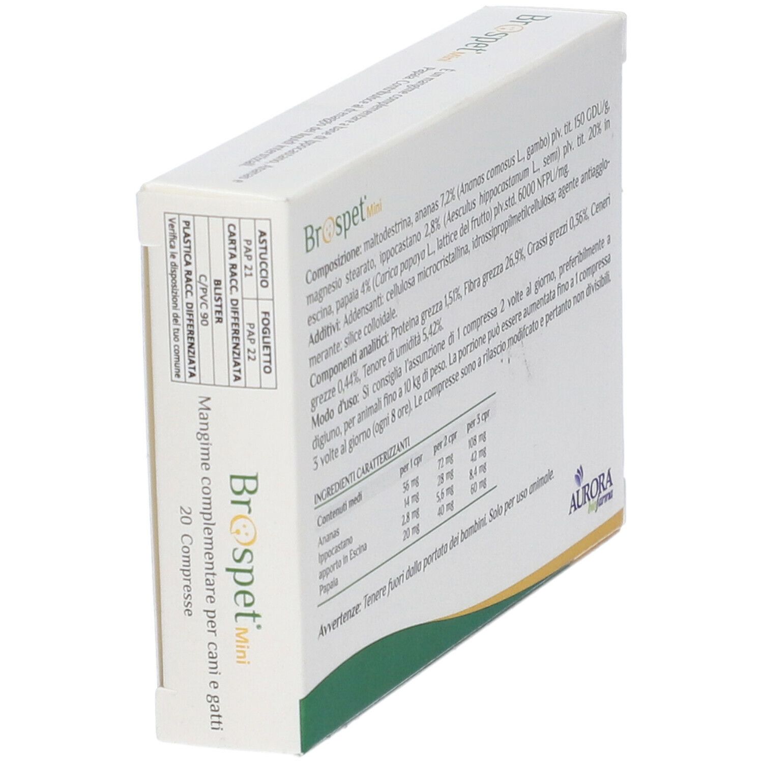 Scatola Brospet Mini, in diagonale. Retro con ingredienti, informazioni nutrizionali, istruzioni. Logo Aurora.
