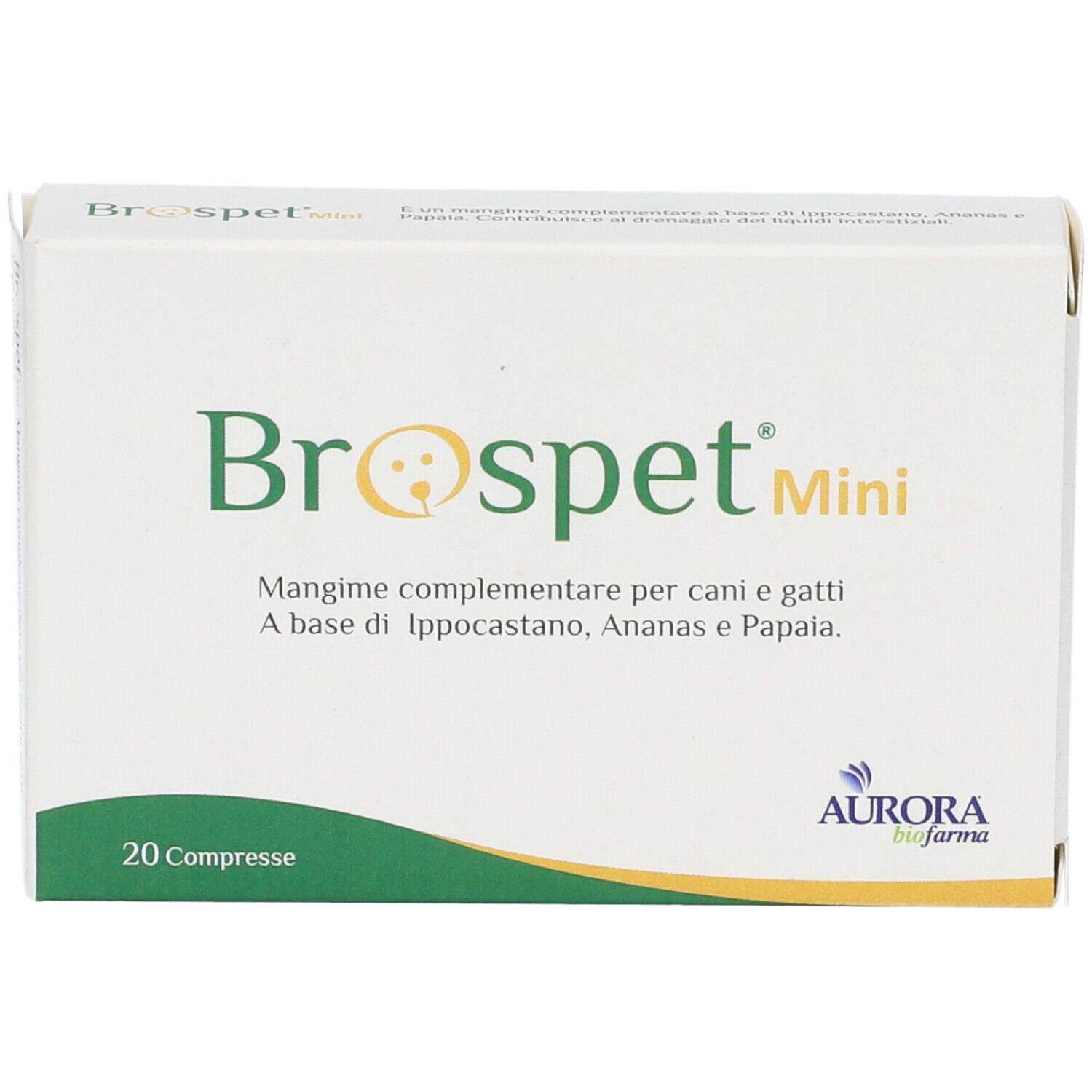 Scatola Brospet Mini. Bianca, con testo verde. Testo: Mangime, per cani e gatti. 20 compresse. Logo Aurora.