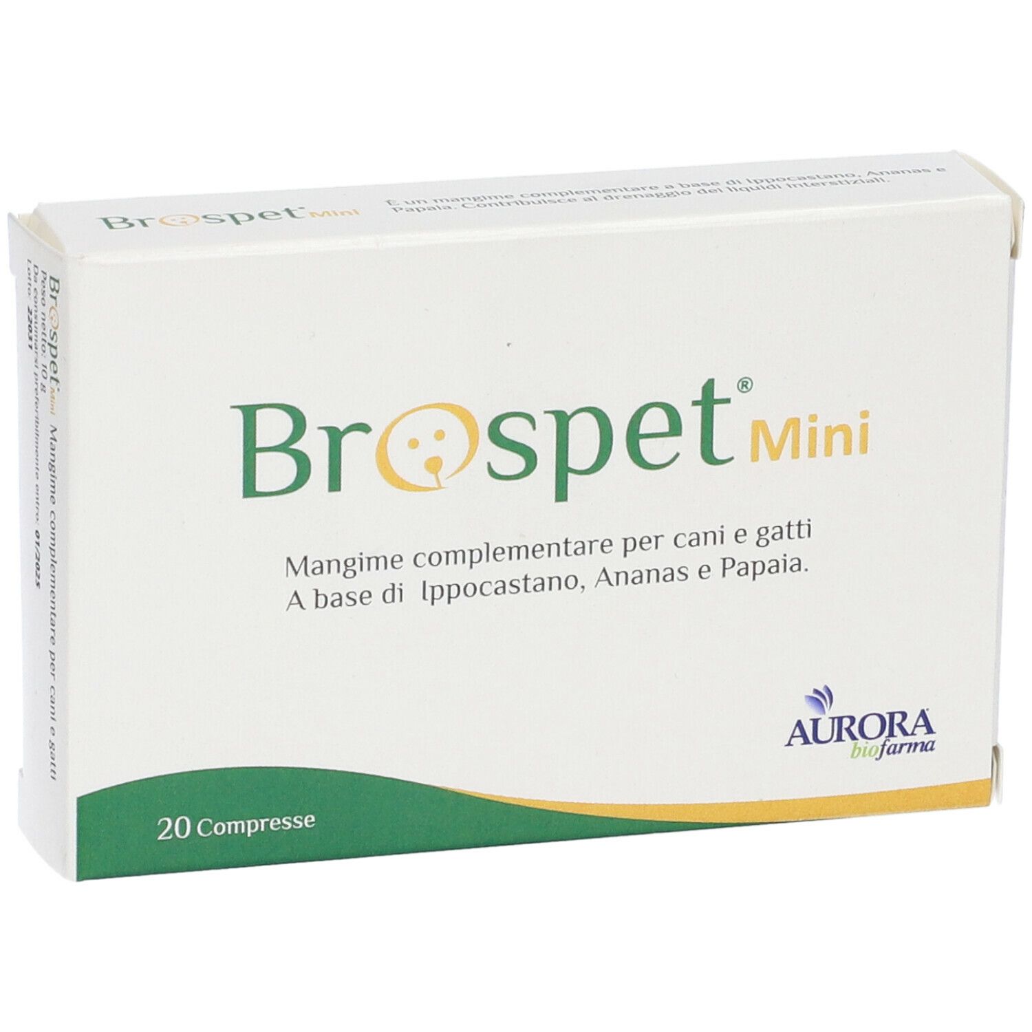 Scatola Brospet Mini. Bianca, con testo verde. Testo: Mangime, per cani e gatti. 20 compresse. Logo Aurora.