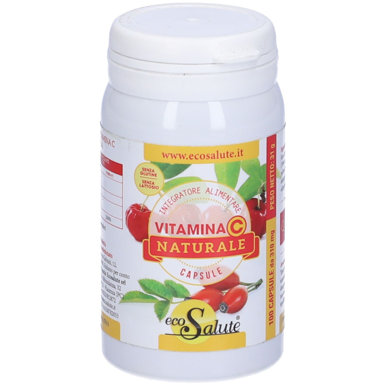 Flacone bianco con etichetta. Scritta: Vitamina C Naturale Capsule. Logo: ecoSalute. Sito web: ecosalute.it. 100 capsule. Senza glutine, senza lattosio.