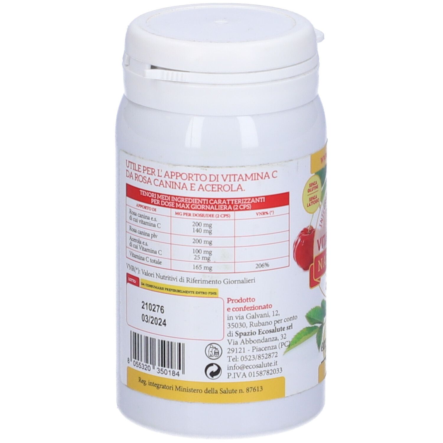 Flacone bianco, retro con etichetta. Informazioni sugli ingredienti e valori nutrizionali. Scadenza: 03/2024. Codice a barre.