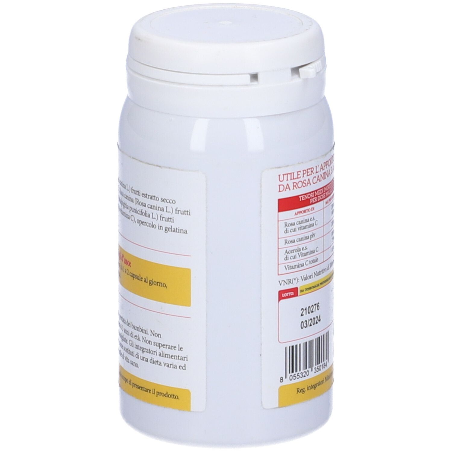 Flacone bianco, retro con etichetta. Informazioni sugli ingredienti e valori nutrizionali. Scadenza: 03/2024. Codice a barre.