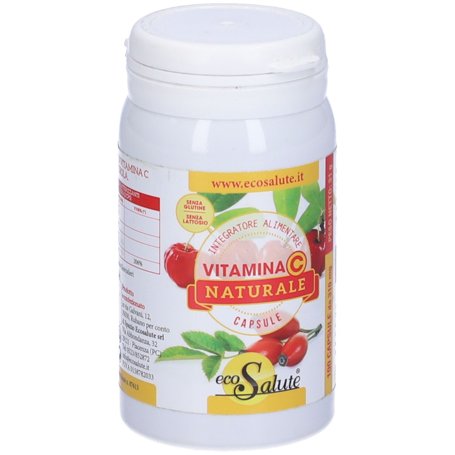 Flacone bianco con etichetta. Scritta: Vitamina C Naturale Capsule. Logo: ecoSalute. Sito web: ecosalute.it. 100 capsule.