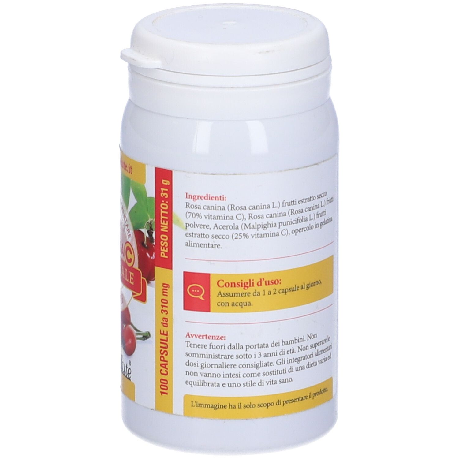 Flacone bianco, retro con etichetta. Ingredienti, consigli d'uso. 100 capsule. Peso: 31 g. Avvertenze.
