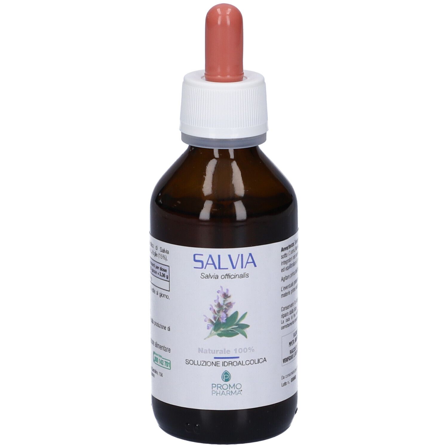 Flacone di vetro marrone con tappo bianco e pipetta rosa. Etichetta con scritta SALVIA e illustrazione pianta. PromoPharma.