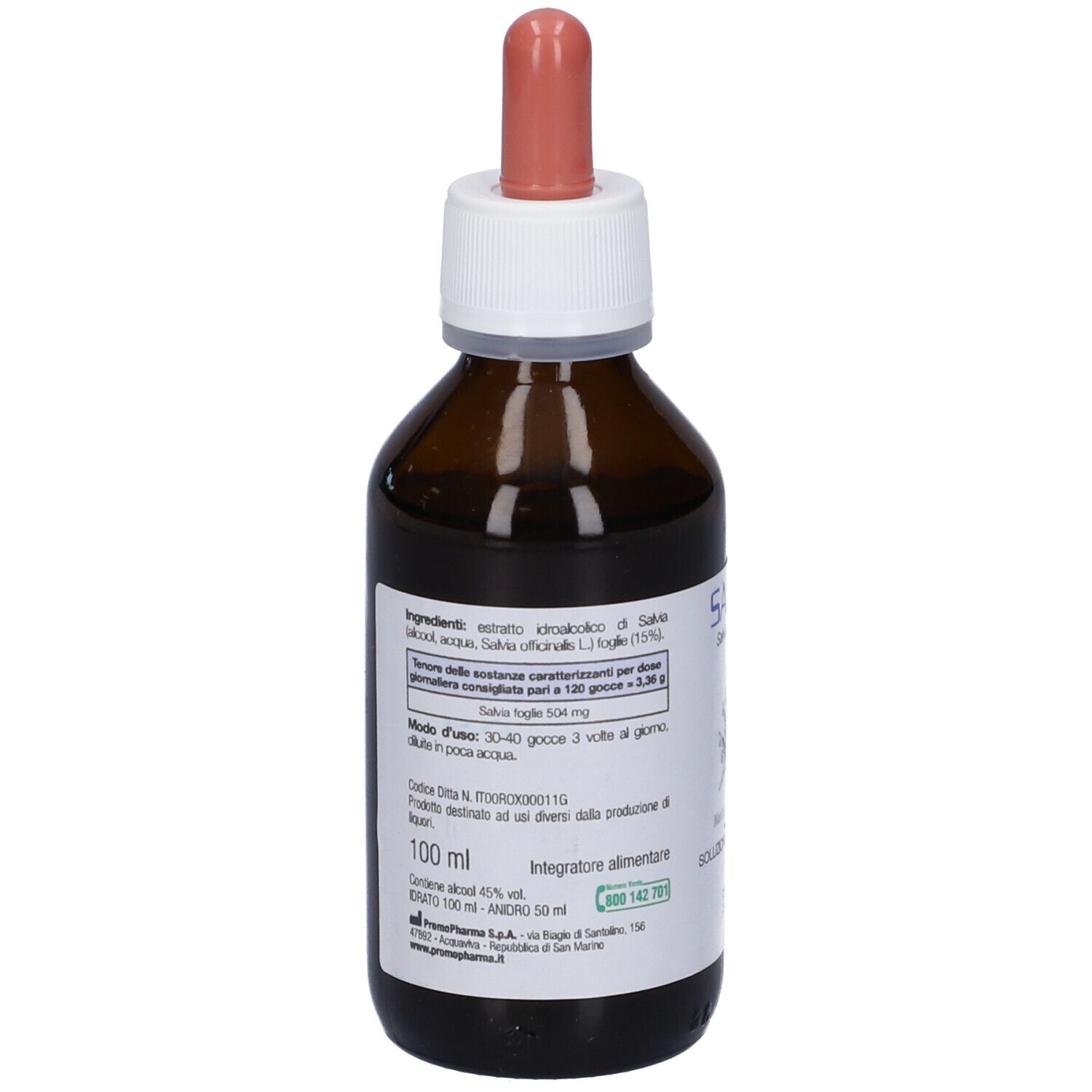 Flacone vetro marrone con tappo bianco e pipetta rosa. Etichetta con ingredienti e istruzioni. 100 ml.