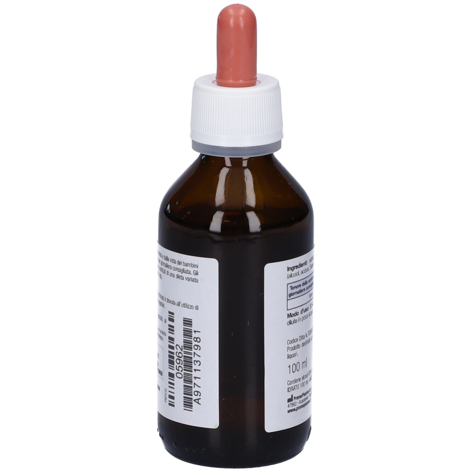 Flacone vetro marrone con tappo bianco e pipetta rosa. Etichetta con testo e numero di lotto. 100 ml.