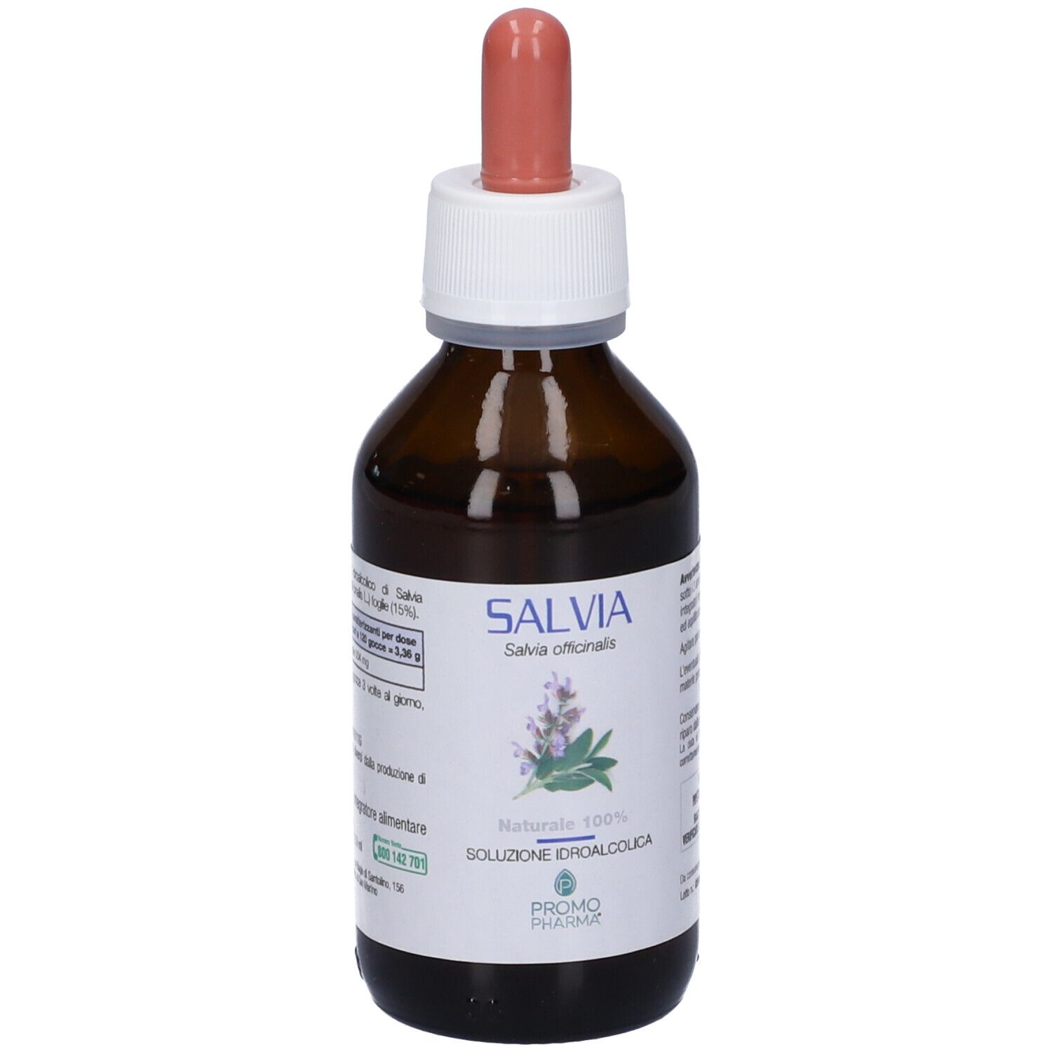 Flacone di vetro marrone con tappo bianco e pipetta rosa. Etichetta con scritta SALVIA e illustrazione pianta. PromoPharma.