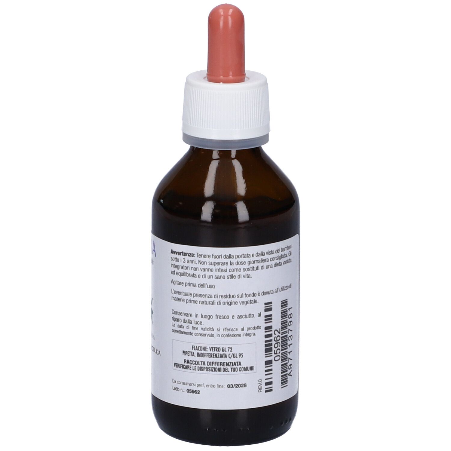 Flacone vetro marrone con tappo bianco e pipetta rosa. Etichetta con testo e numero di lotto. PromoPharma.