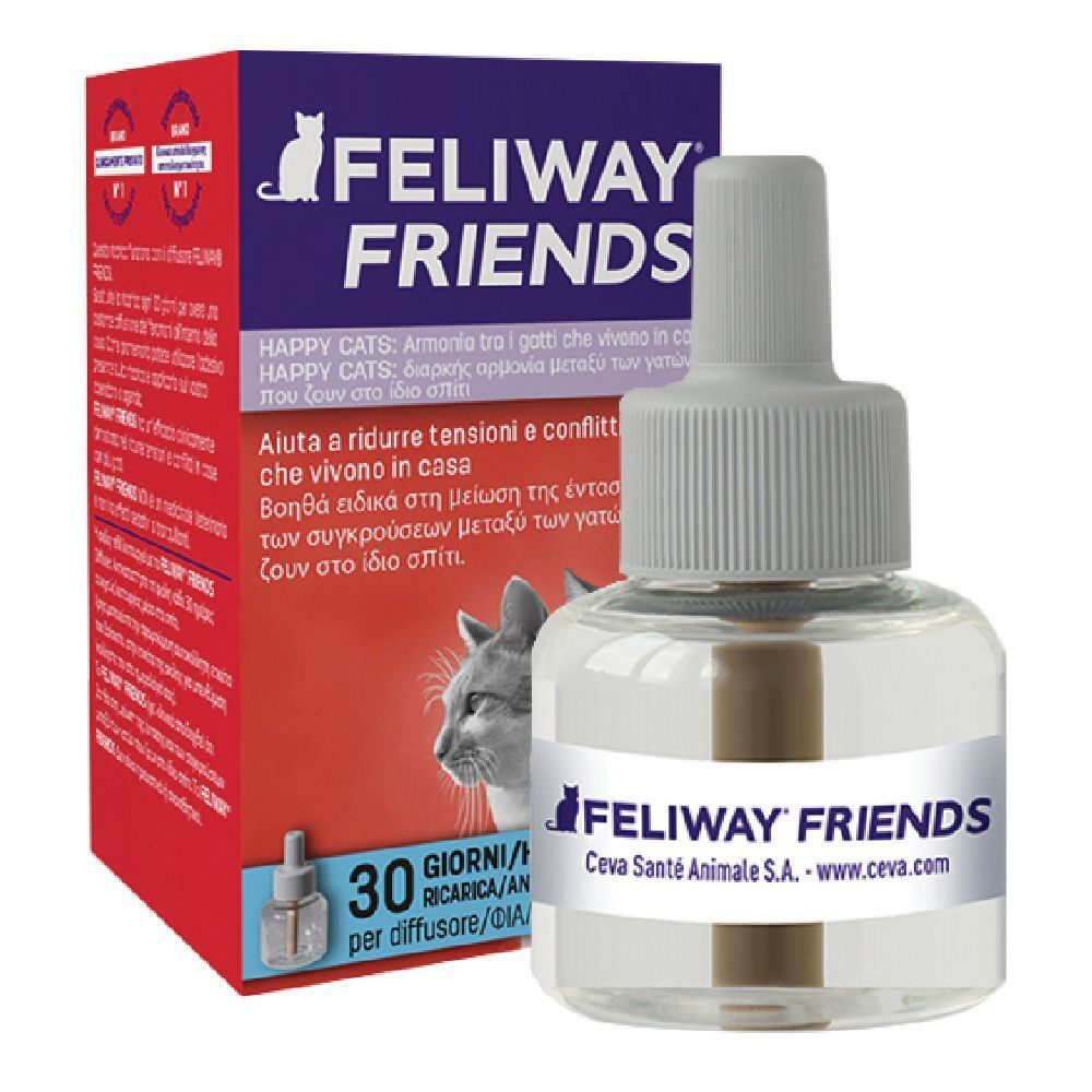 Ricarica Feliway Friends e diffusore. Bottiglia di liquido, confezione con immagine di gatto e nome del prodotto.