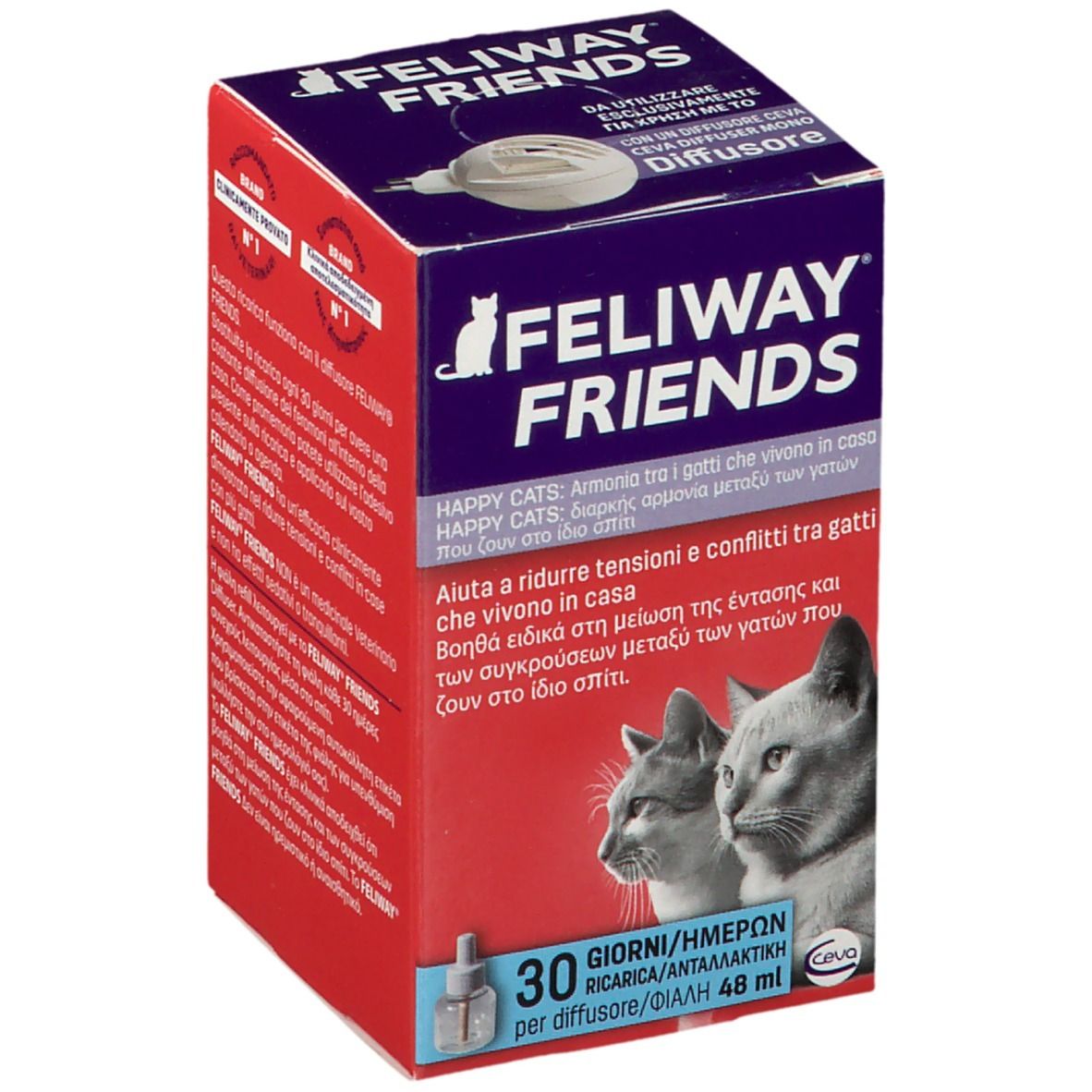 Ricarica Feliway Friends. Confezione rossa con immagine di gatto, nome del prodotto e testo multilingue.