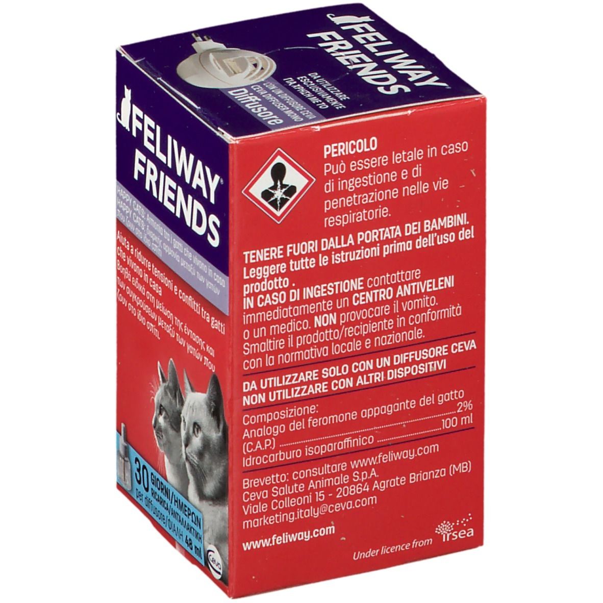 Ricarica Feliway Friends. Confezione rossa con immagine di gatto, nome del prodotto e testo multilingue.