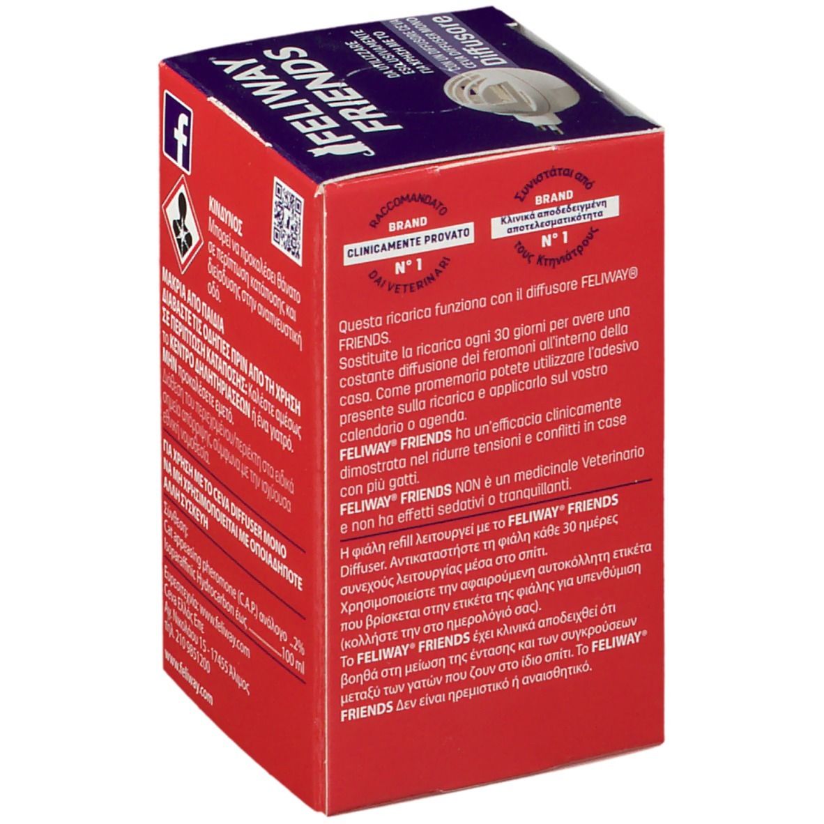 Ricarica Feliway Friends. Confezione rossa con immagine di gatto, nome del prodotto e testo multilingue.