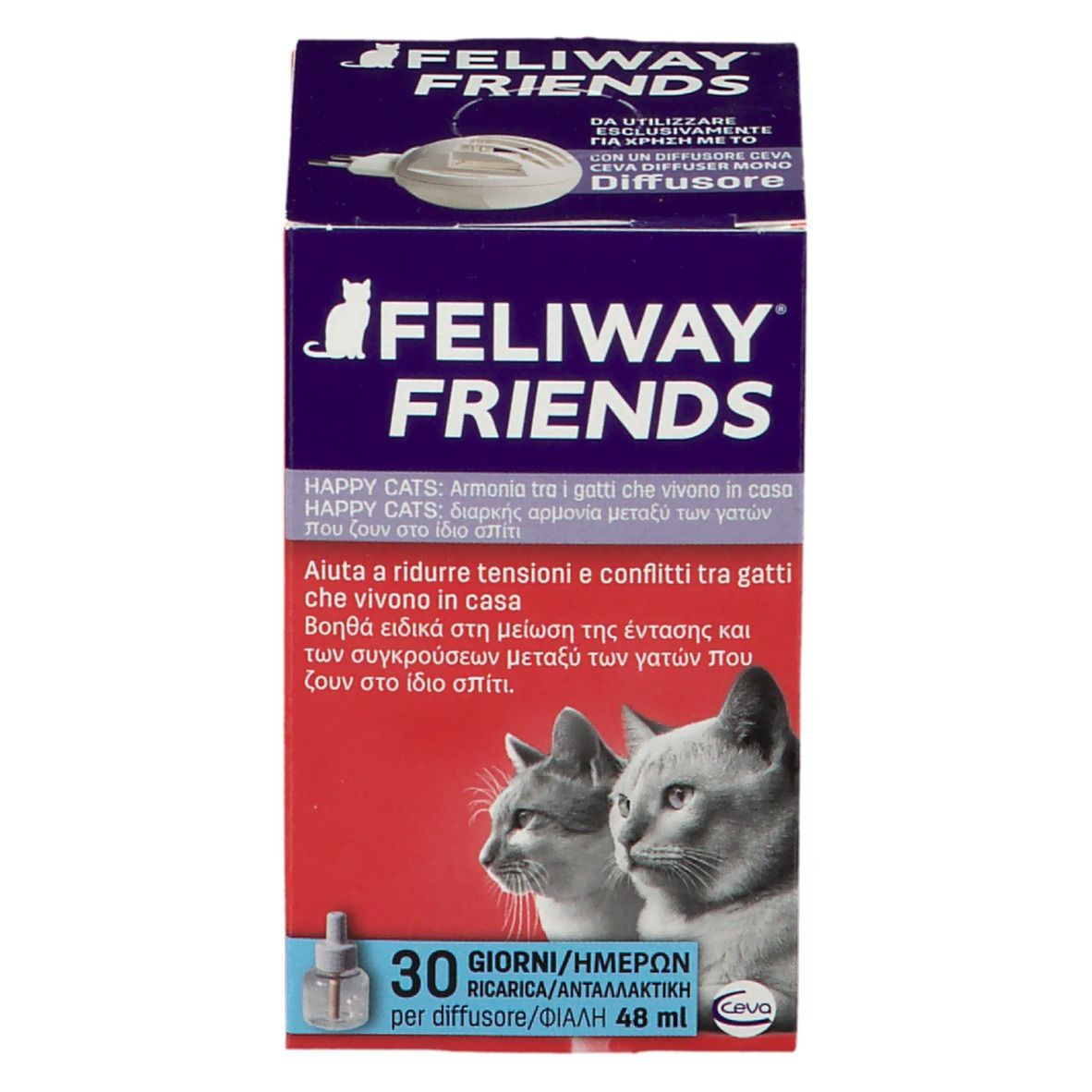 Ricarica Feliway Friends. Confezione rossa con immagine di gatto, nome del prodotto e testo multilingue.