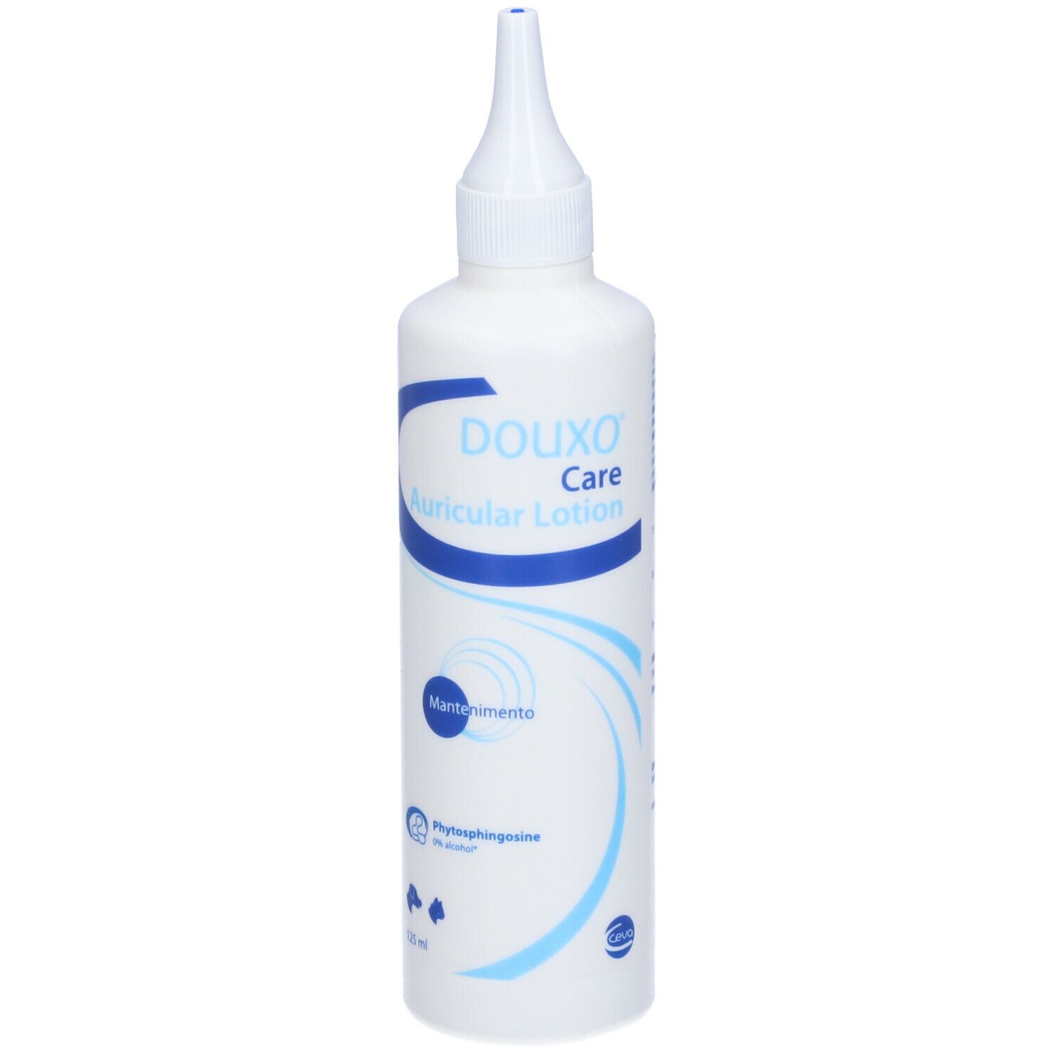 Flacone bianco con etichetta blu. Scritta DOUXO Care Auricular Lotion. Con beccuccio applicatore.