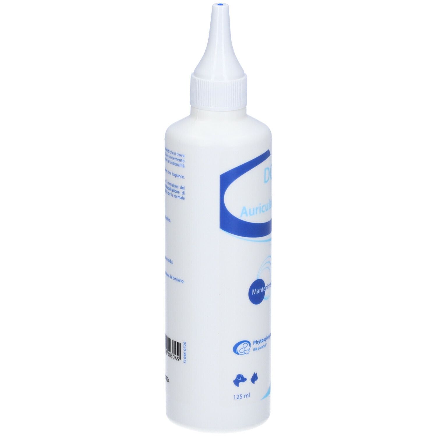 Flacone bianco con etichetta blu. Scritta DOUXO Care Auricular Lotion. Con beccuccio applicatore.