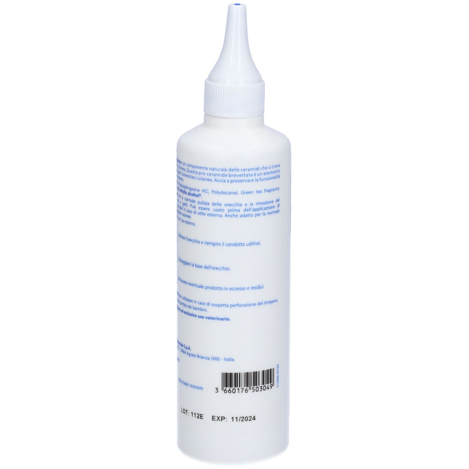 Flacone bianco con etichetta blu. Scritta DOUXO Care Auricular Lotion. Con beccuccio applicatore. Testo sul retro.