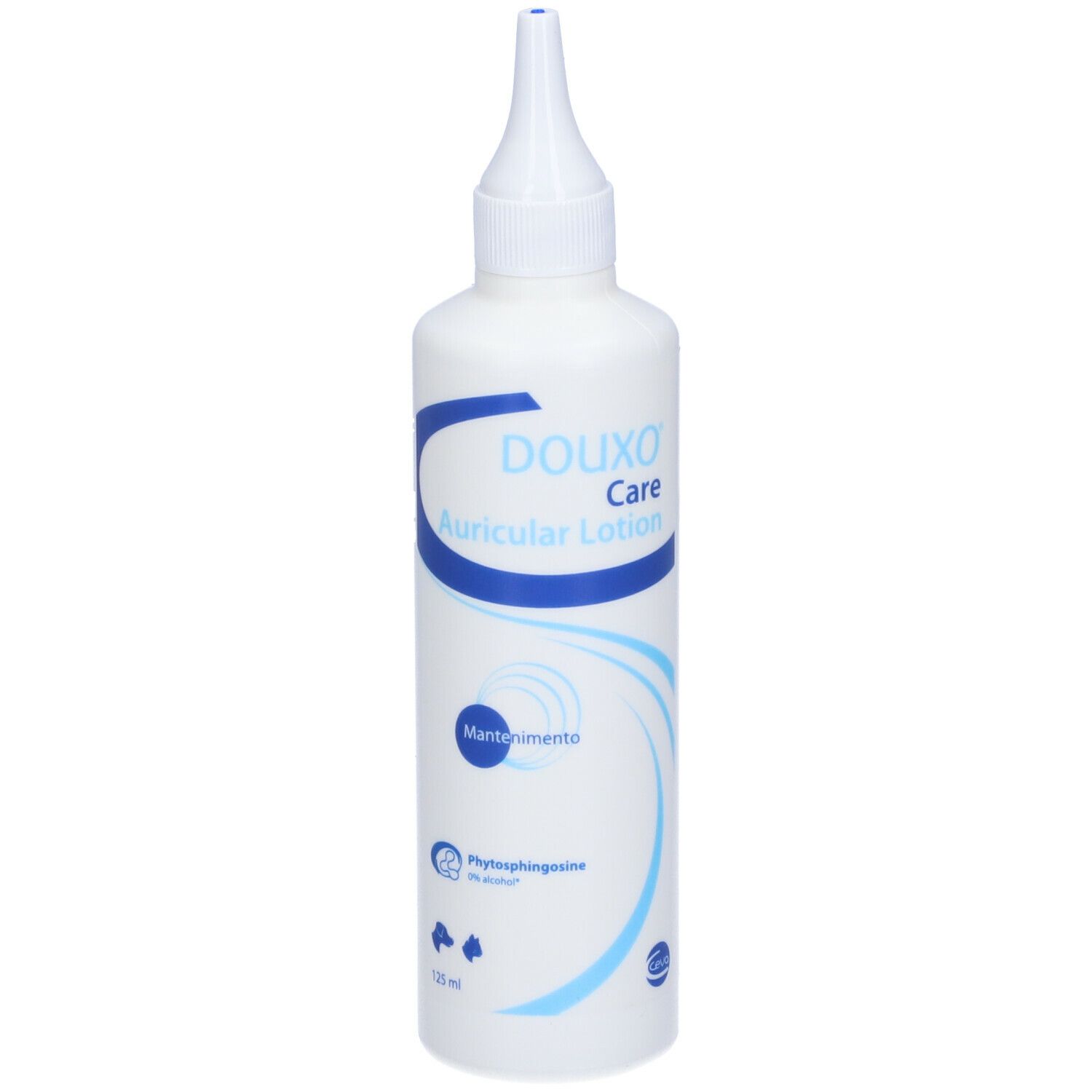Flacone bianco con etichetta blu. Scritta DOUXO Care Auricular Lotion. Con beccuccio applicatore.