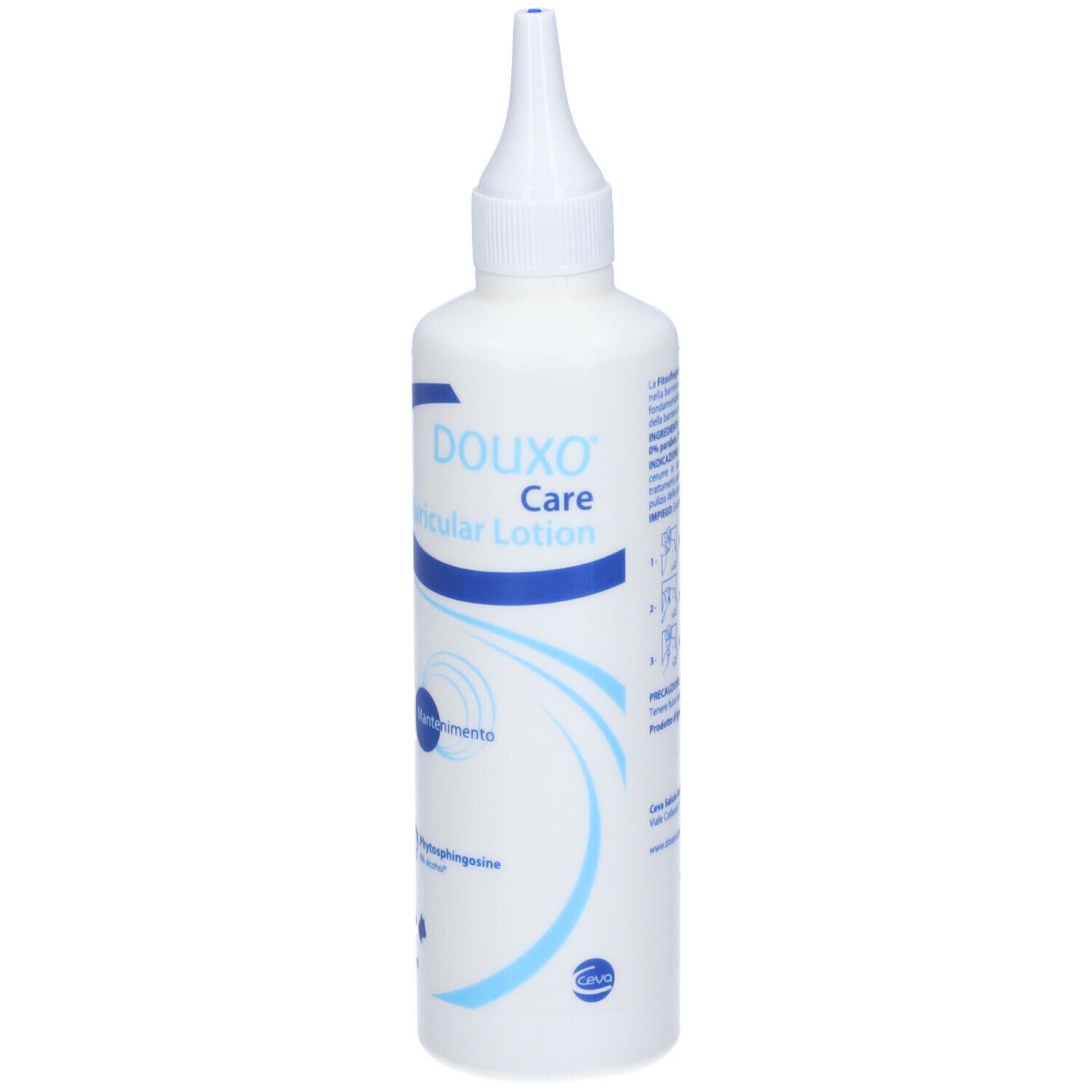 Flacone bianco con etichetta blu. Scritta DOUXO Care Auricular Lotion. Con beccuccio applicatore.