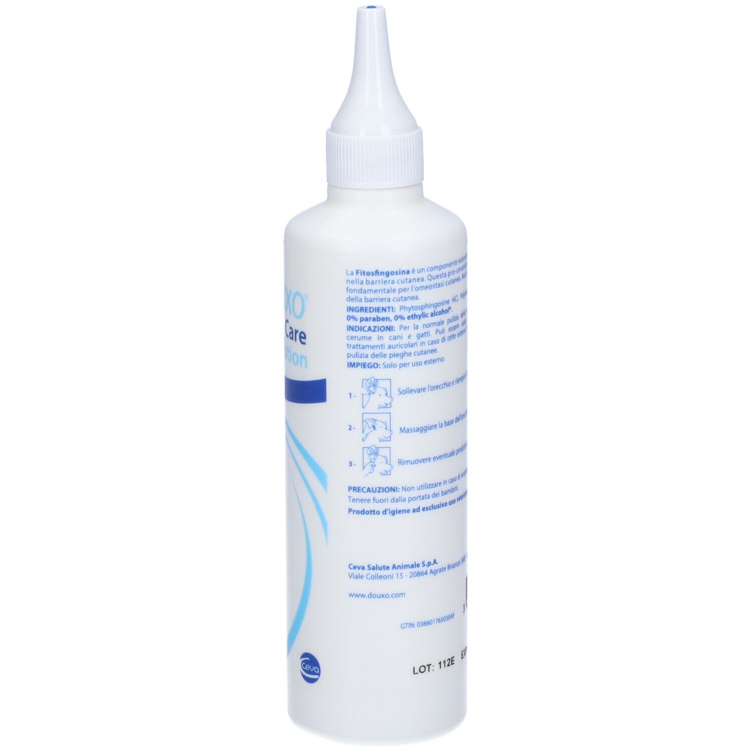 Flacone bianco con etichetta blu. Scritta DOUXO Care Auricular Lotion. Con beccuccio applicatore. Testo sul retro.
