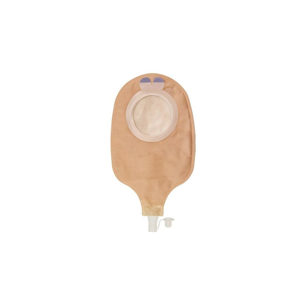 Sacca per urostomia opaca. Beige, con anello trasparente e scarico. Sistema di chiusura.