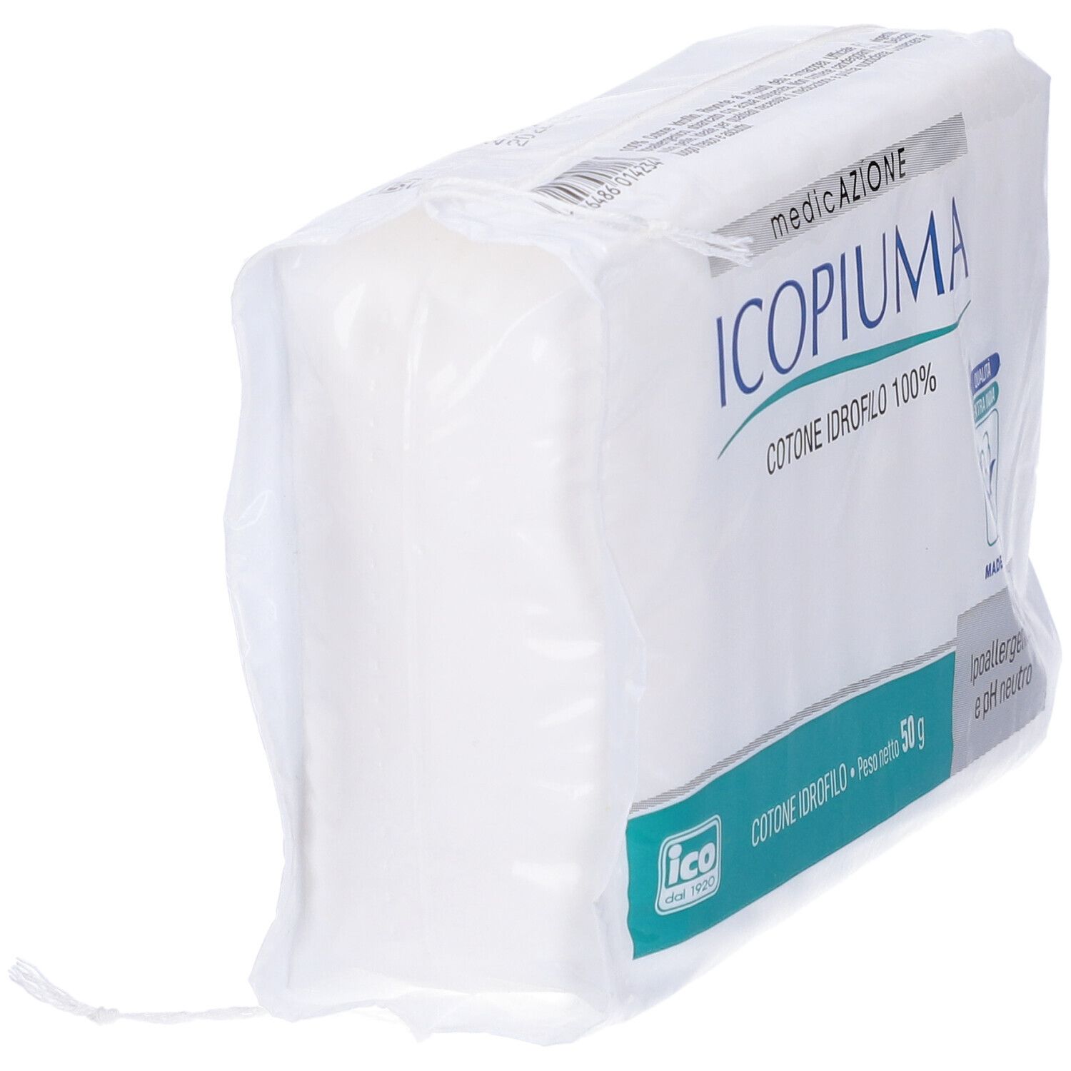 Verpackung mit Icopiúma Wattepads, 100% hydrophile Baumwolle, 50g.