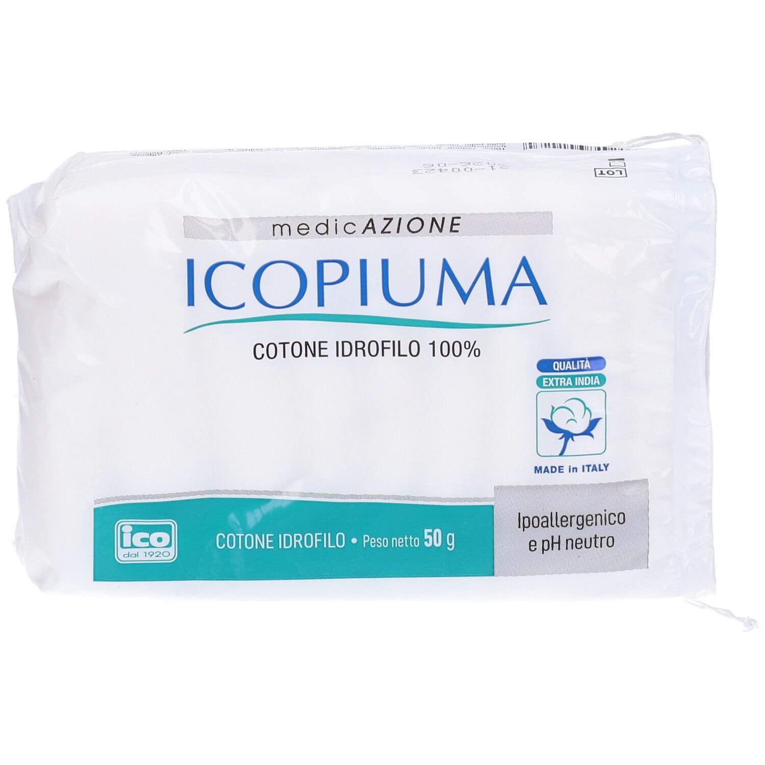 Verpackung mit Icopiúma Wattepads, 100% hydrophile Baumwolle, hypoallergen.