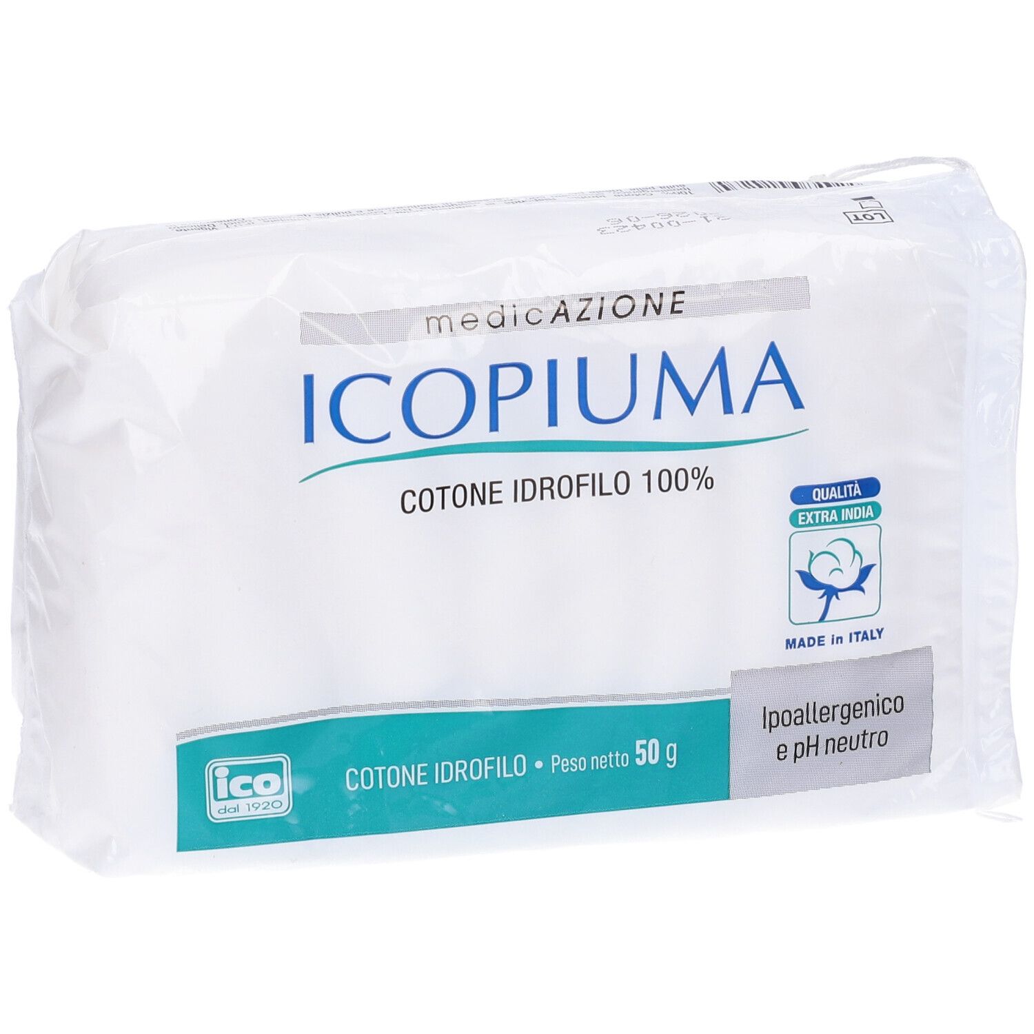 Verpackung mit Icopiúma Wattepads, 100% hydrophile Baumwolle, 50g, Made in Italy.